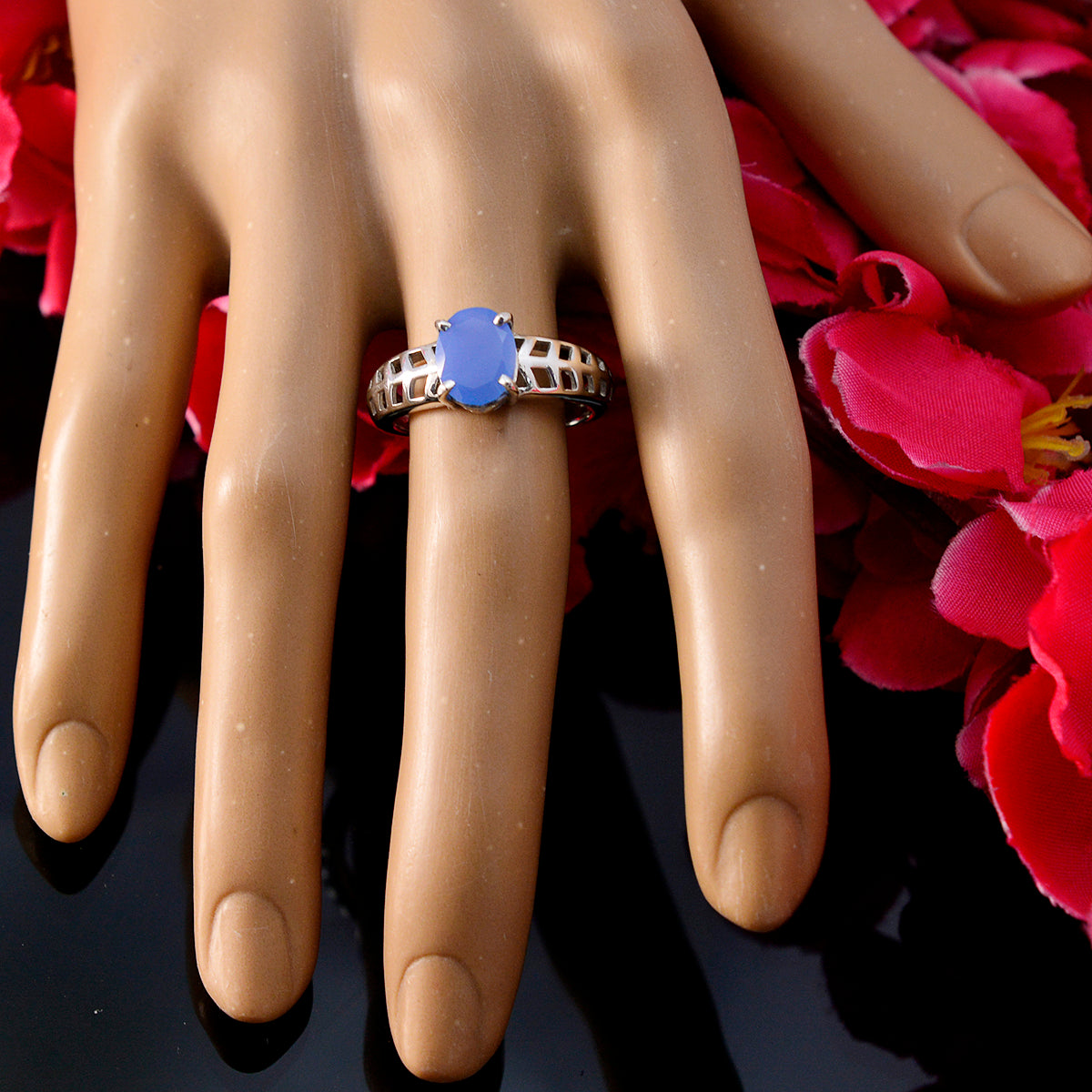 Blue Chalcedony Solitaire Turkish 92.5 Silver Blue Gemstone Whisper thin Contemporary Ring Jewellery