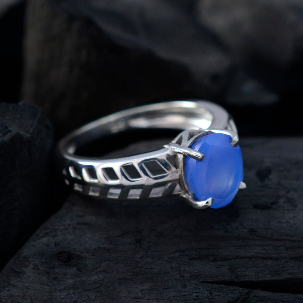 Blue Chalcedony Solitaire Turkish 92.5 Silver Blue Gemstone Whisper thin Contemporary Ring Jewellery