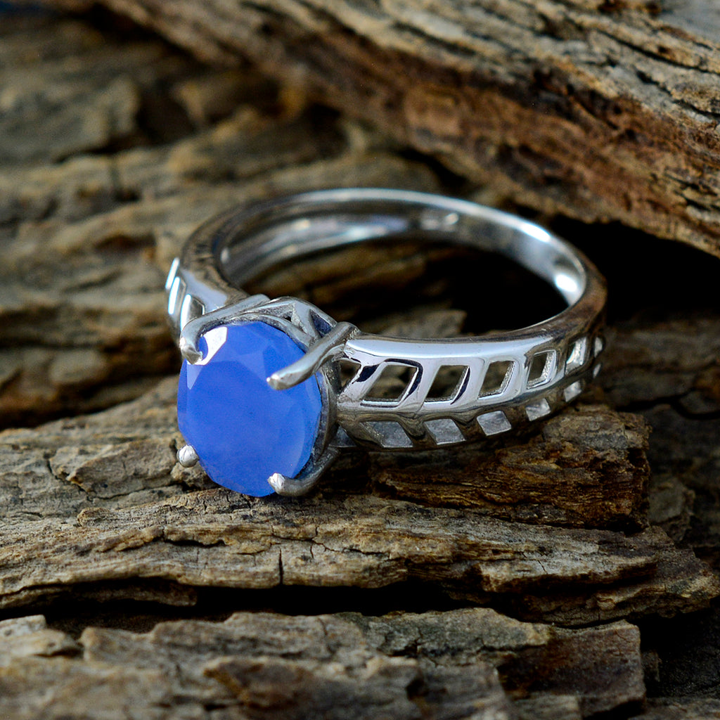 Blue Chalcedony Solitaire Turkish 92.5 Silver Blue Gemstone Whisper thin Contemporary Ring Jewellery