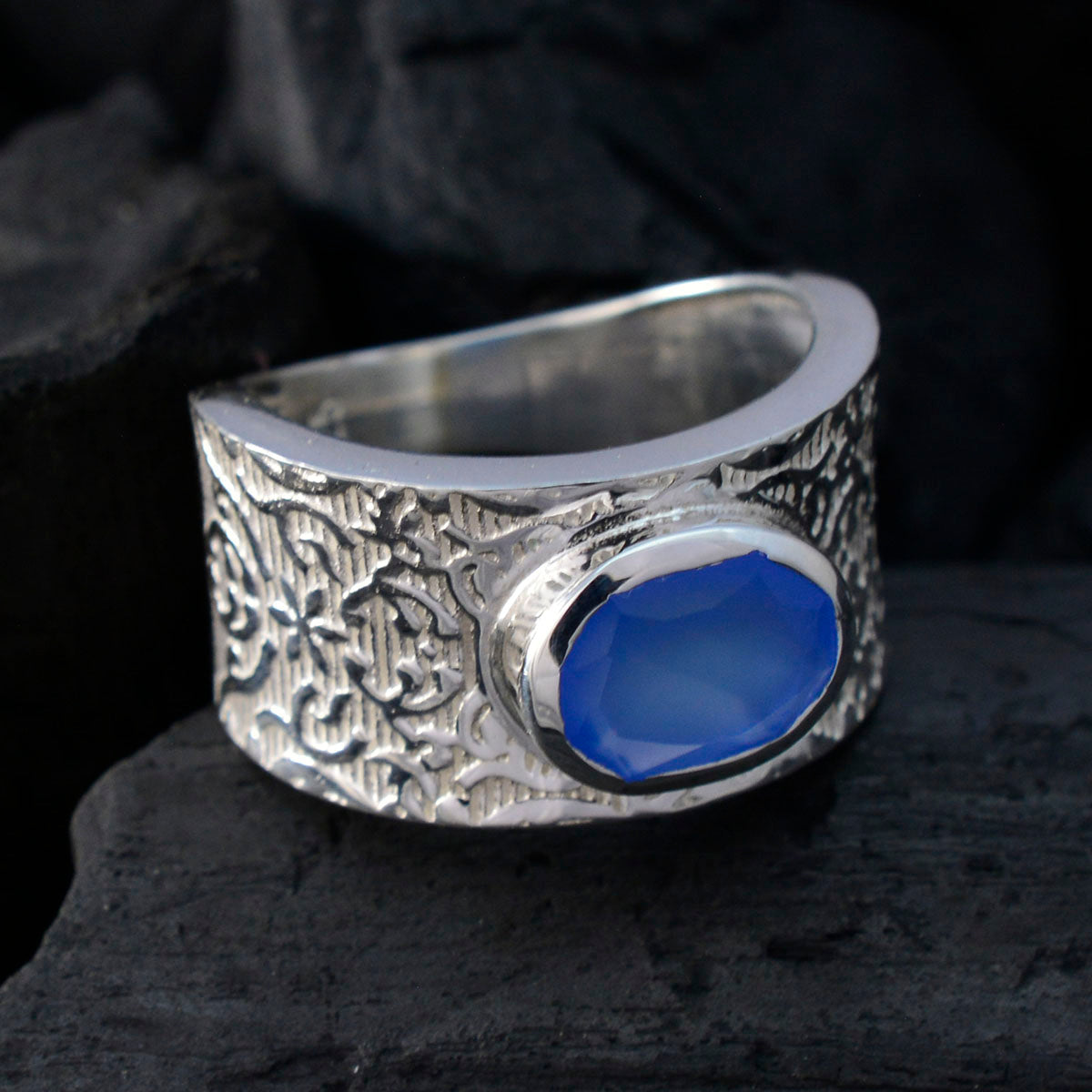 Blue Chalcedony Solitaire Russian 92.5 Silver Blue Gemstone Essential  Art Deco Ring Jewelry