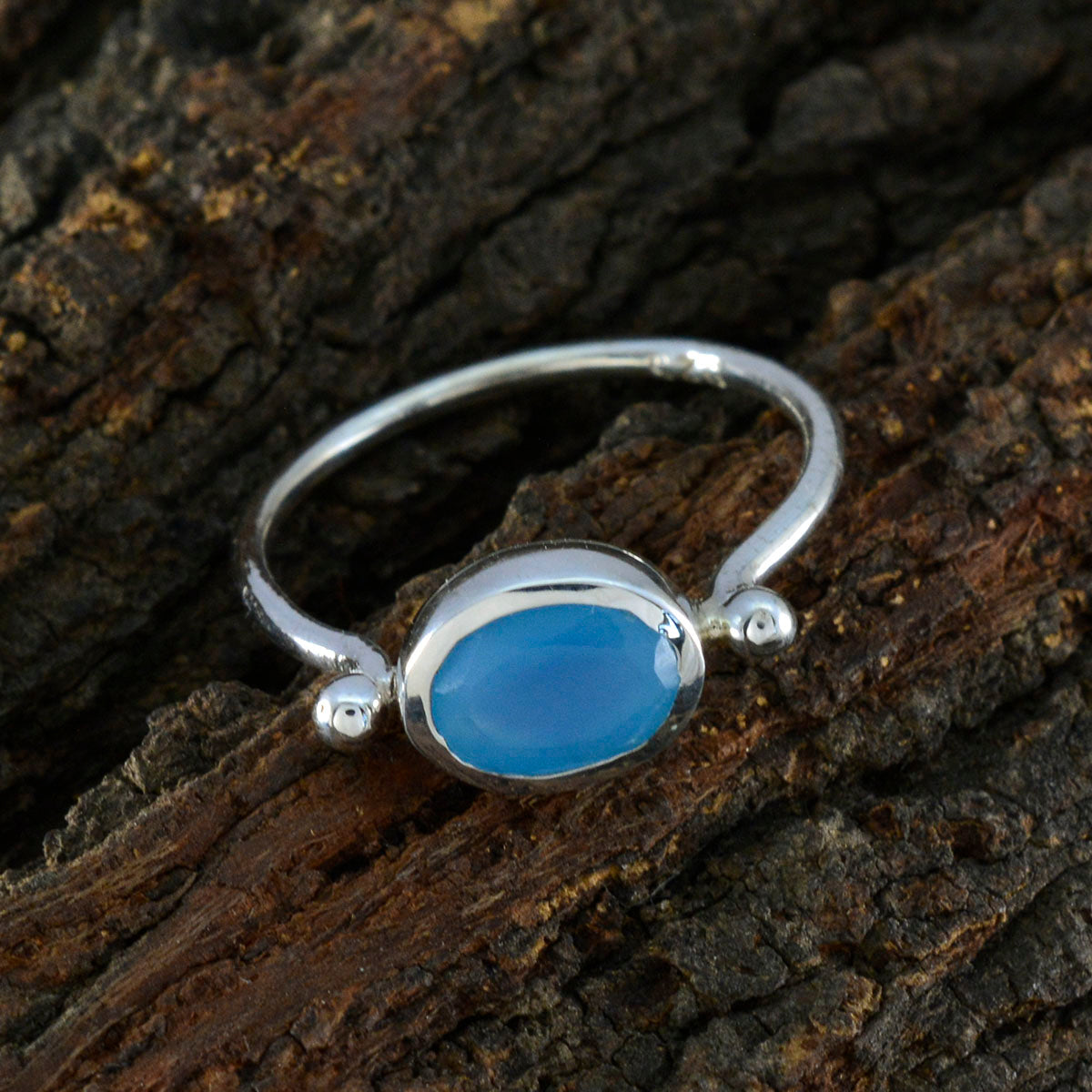 Blue Chalcedony Solitaire Korean 925 Sterling Silver Blue Gemstone Dainty Modern Ring Jewellery