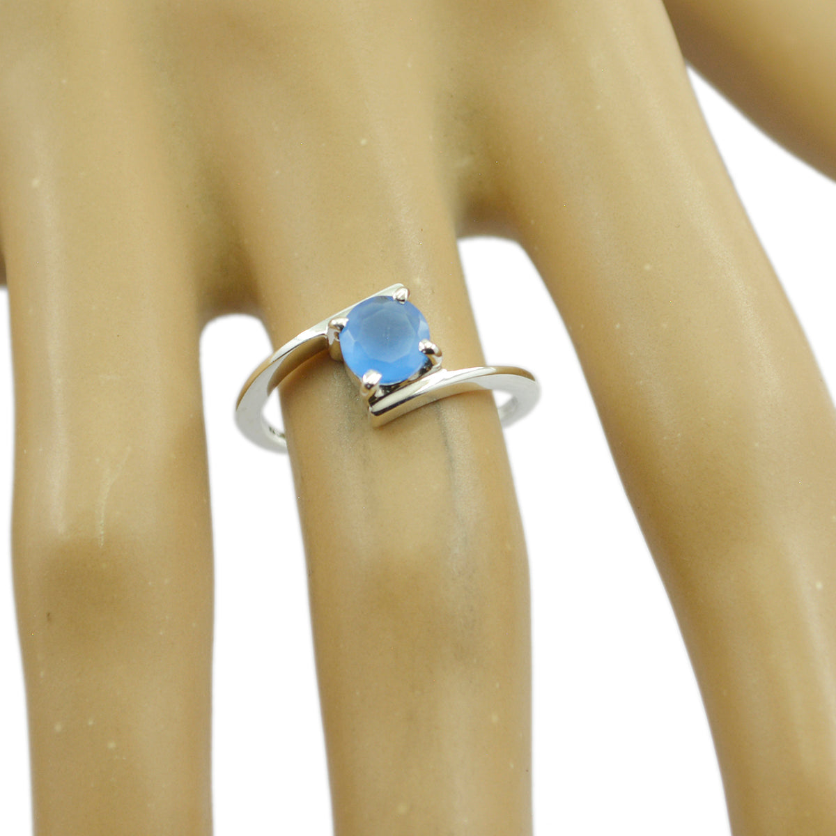 Anello romantico e delicato con pietre preziose blu in argento 92,5 e calcedonio blu solitario americano Immagine secondaria del prodotto