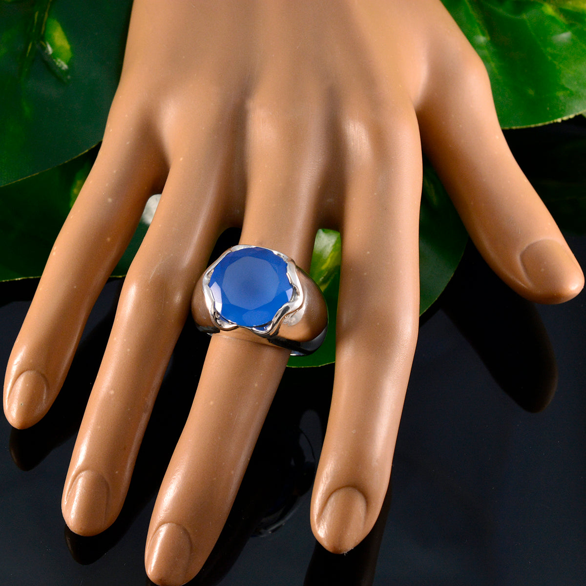 Blue Chalcedony Solitaire French 925 Silver Blue Gemstone Chunky Romantic Ring Jewelry