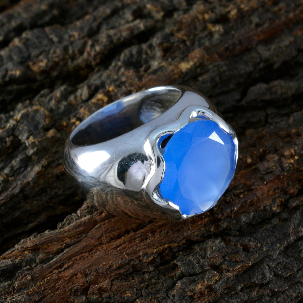 Blue Chalcedony Solitaire French 925 Silver Blue Gemstone Chunky Romantic Ring Jewelry