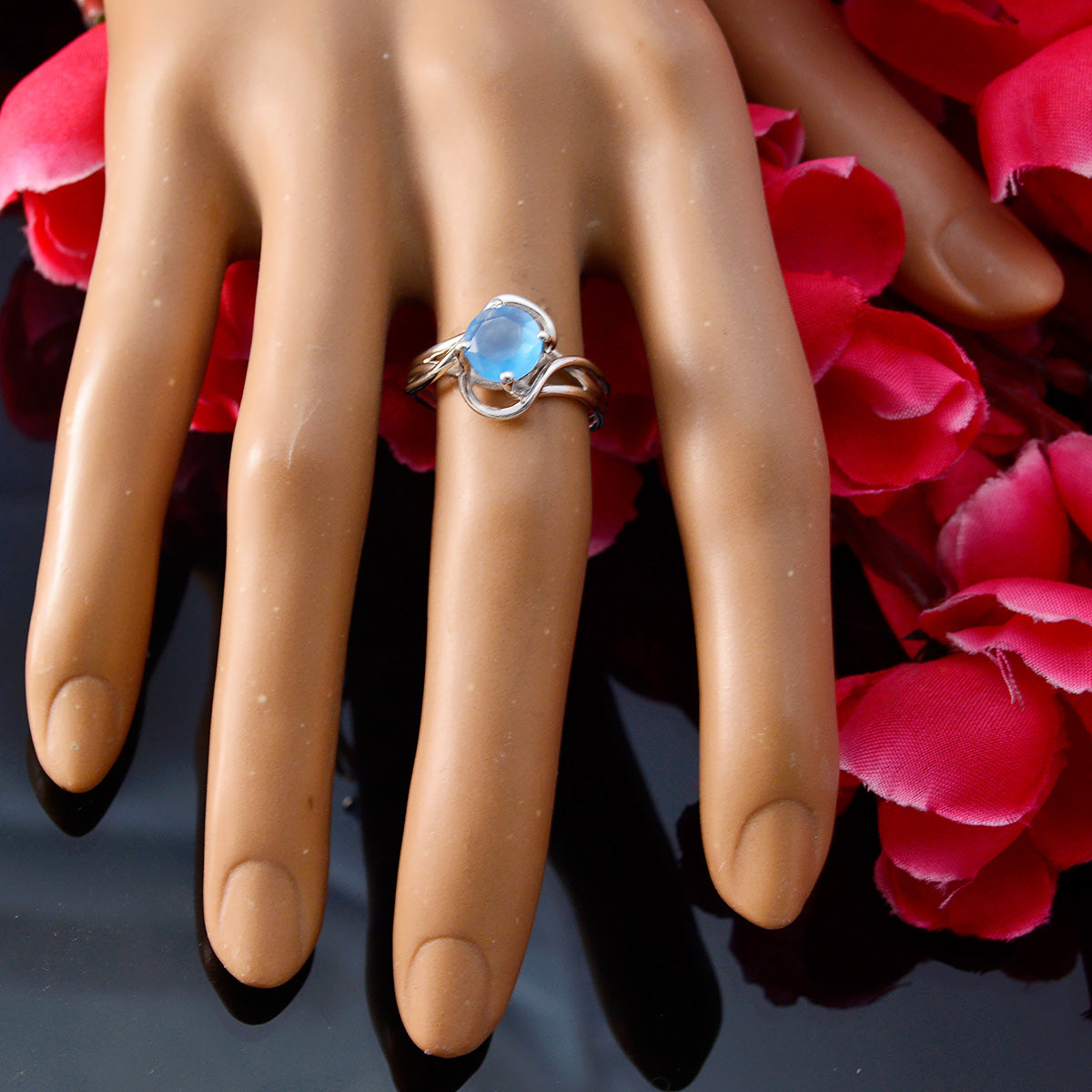 Blue Chalcedony Solitaire Japanese 925 Silver Blue Gemstones Delicate Romantic Ring Jewelry