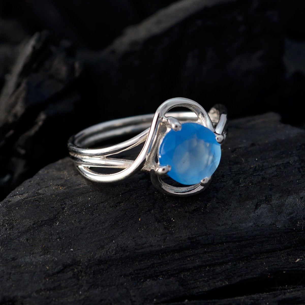 Blue Chalcedony Solitaire Japanese 925 Silver Blue Gemstones Delicate Romantic Ring Jewelry