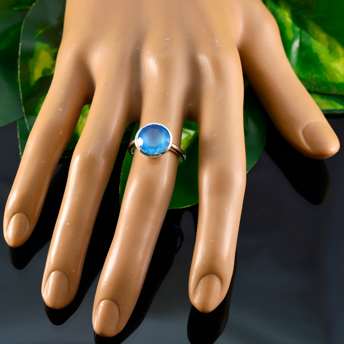Blue Chalcedony Solitaire Russian 925 Sterling Silver Blue Gems Tiny Luxurious Ring Jewelry