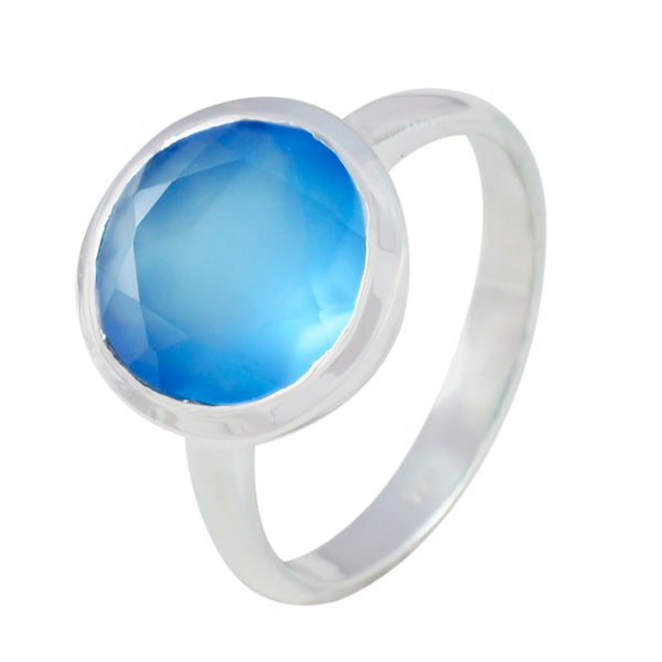 Blue Chalcedony Solitaire Russian 925 Sterling Silver Blue Gems Tiny Luxurious Ring Jewelry
