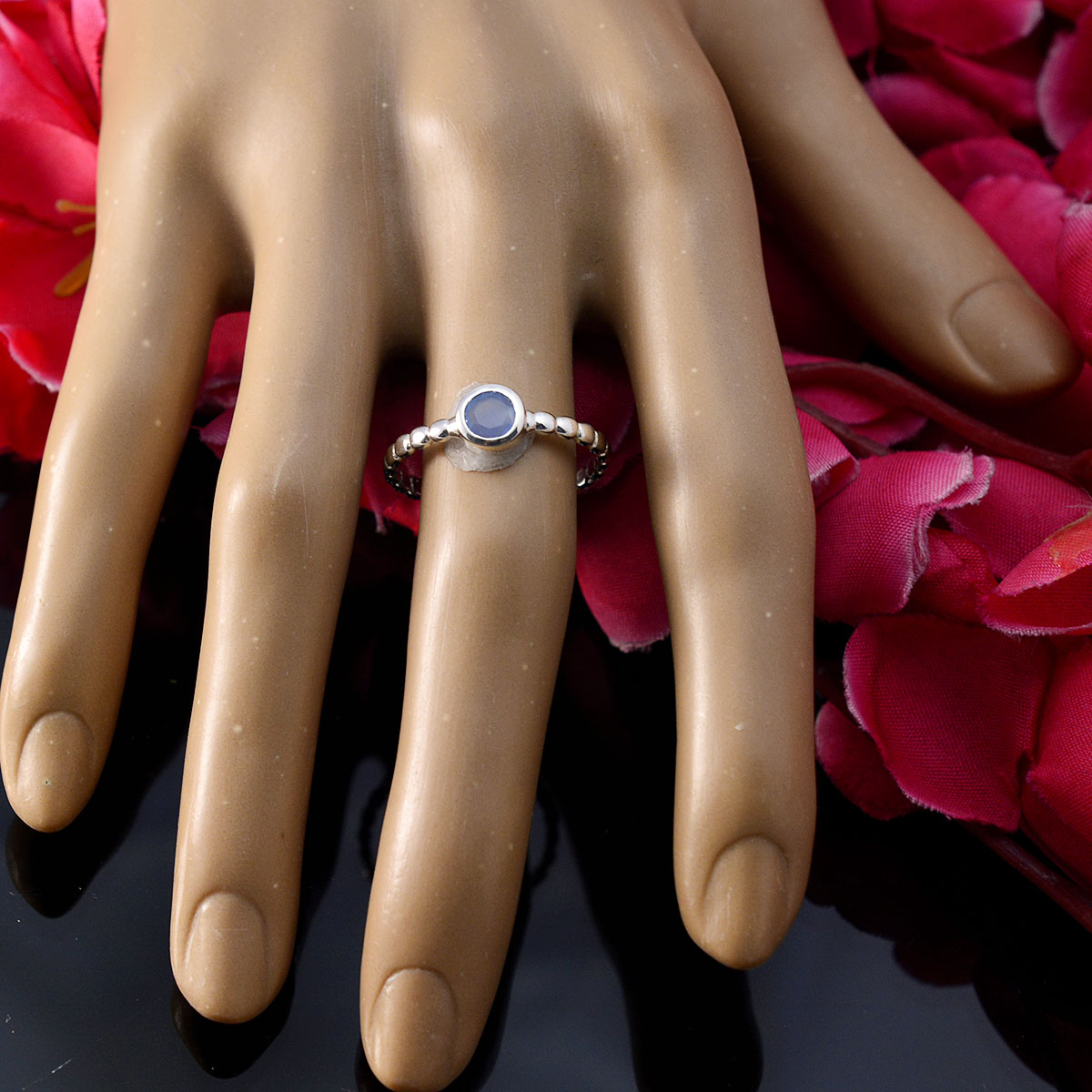 Blue Chalcedony Solitaire Russian 92.5 Silver Blue Gemstone Slim Romantic Ring Jewellery