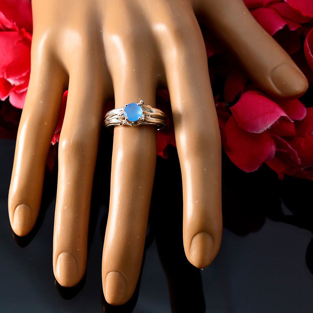 Blue Chalcedony Solitaire Moroccan Silver Blue Gemstone Classic Feminine Ring Jewellery