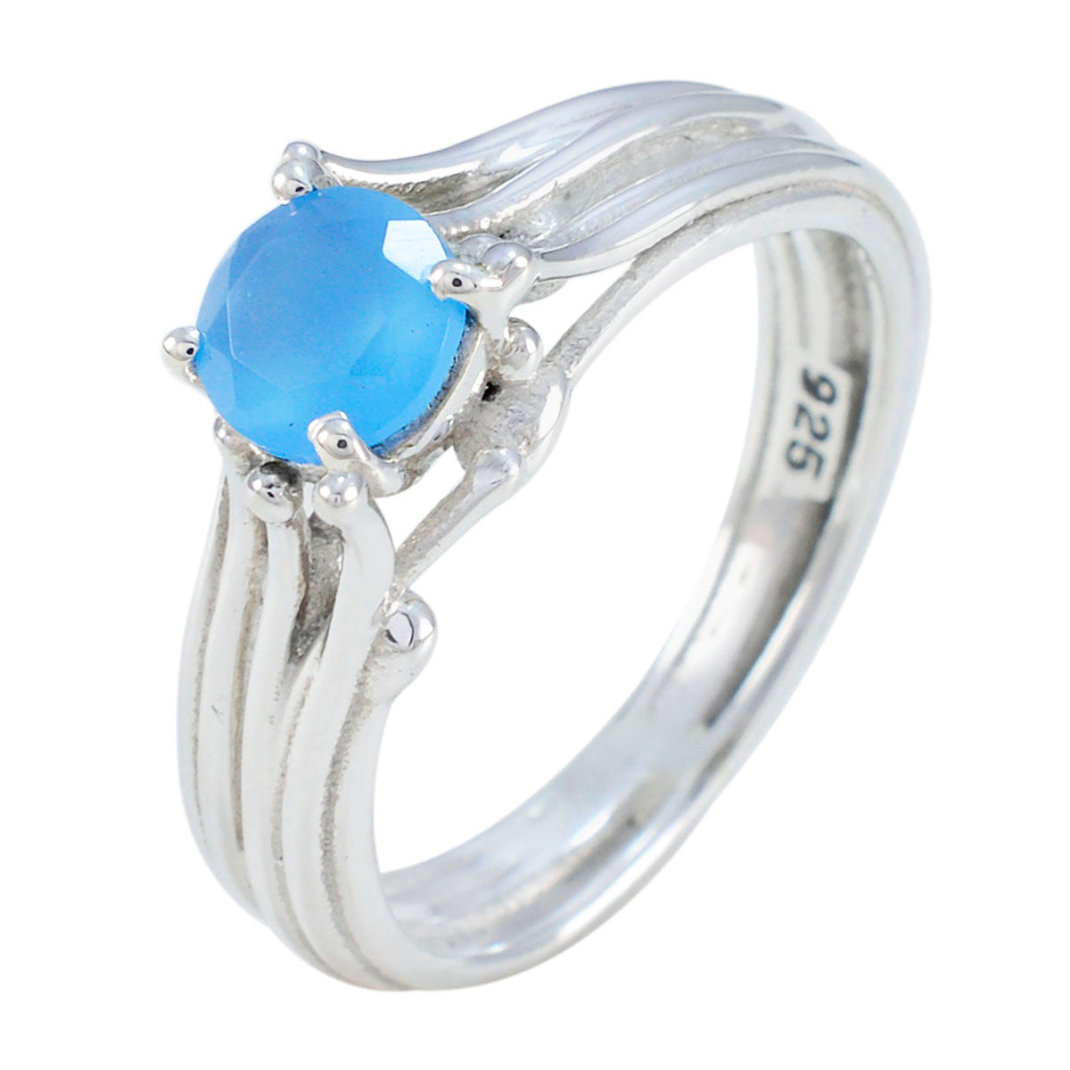 Anello classico femminile con pietra preziosa blu in argento marocchino e calcedonio solitario Immagine secondaria del prodotto