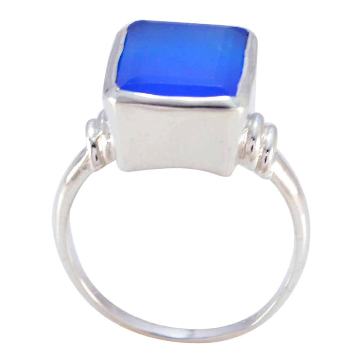 Anillo de armadura llamativo con gemas azules y solitario de calcedonia azul en plata de ley francesa Imagen secundaria del producto