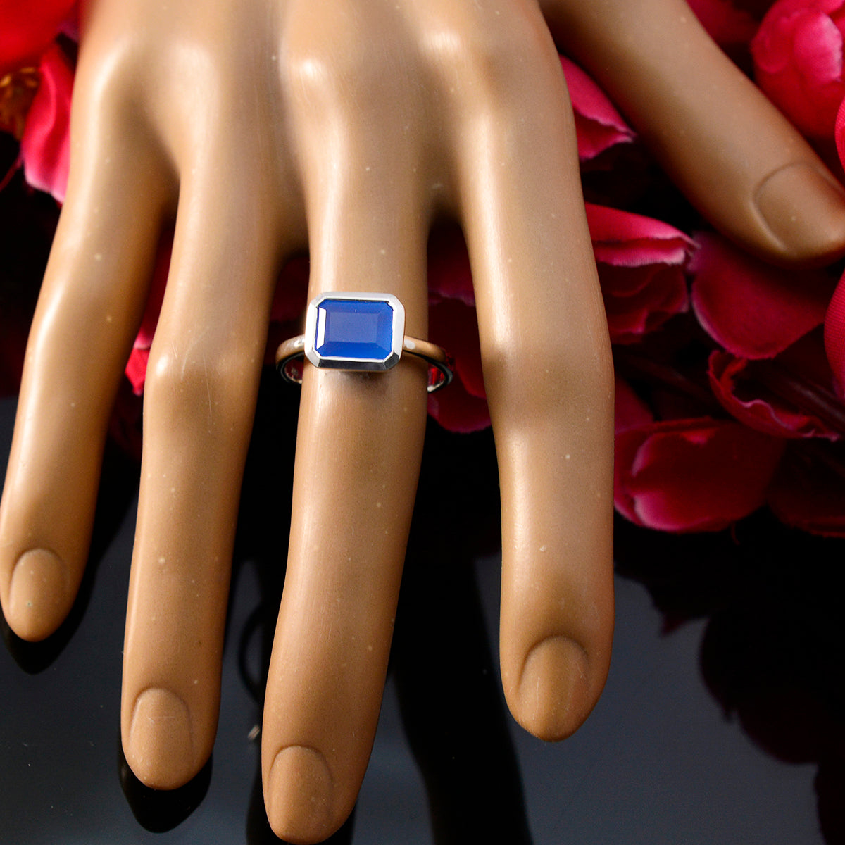 Blue Chalcedony Solitaire German Sterling Silver Blue Gems Tiny Luxurious Ring Jewelry