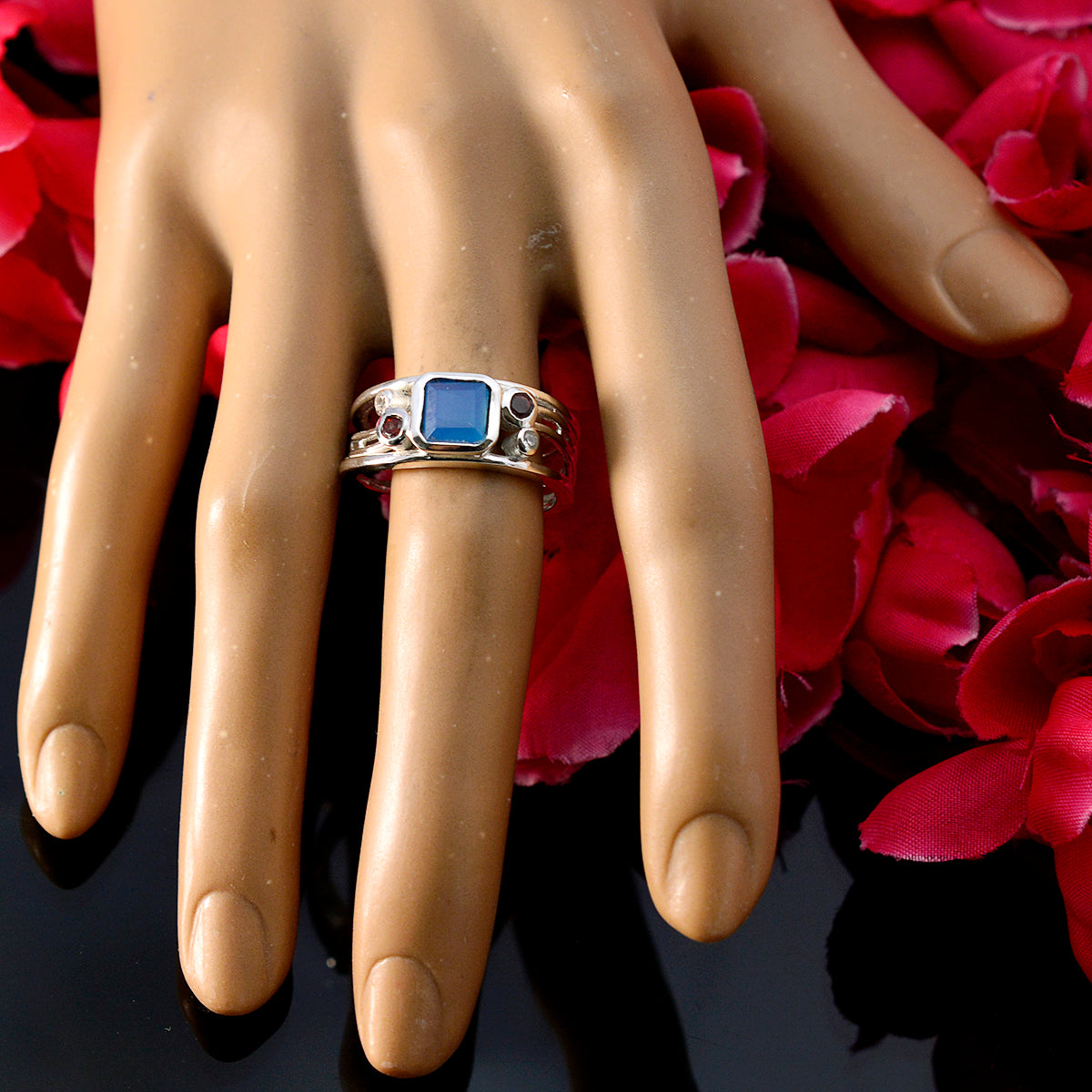 Blue Chalcedony Penta Moroccan 925 Silver Blue Gemstone Minimal Modern Ring Jewellery