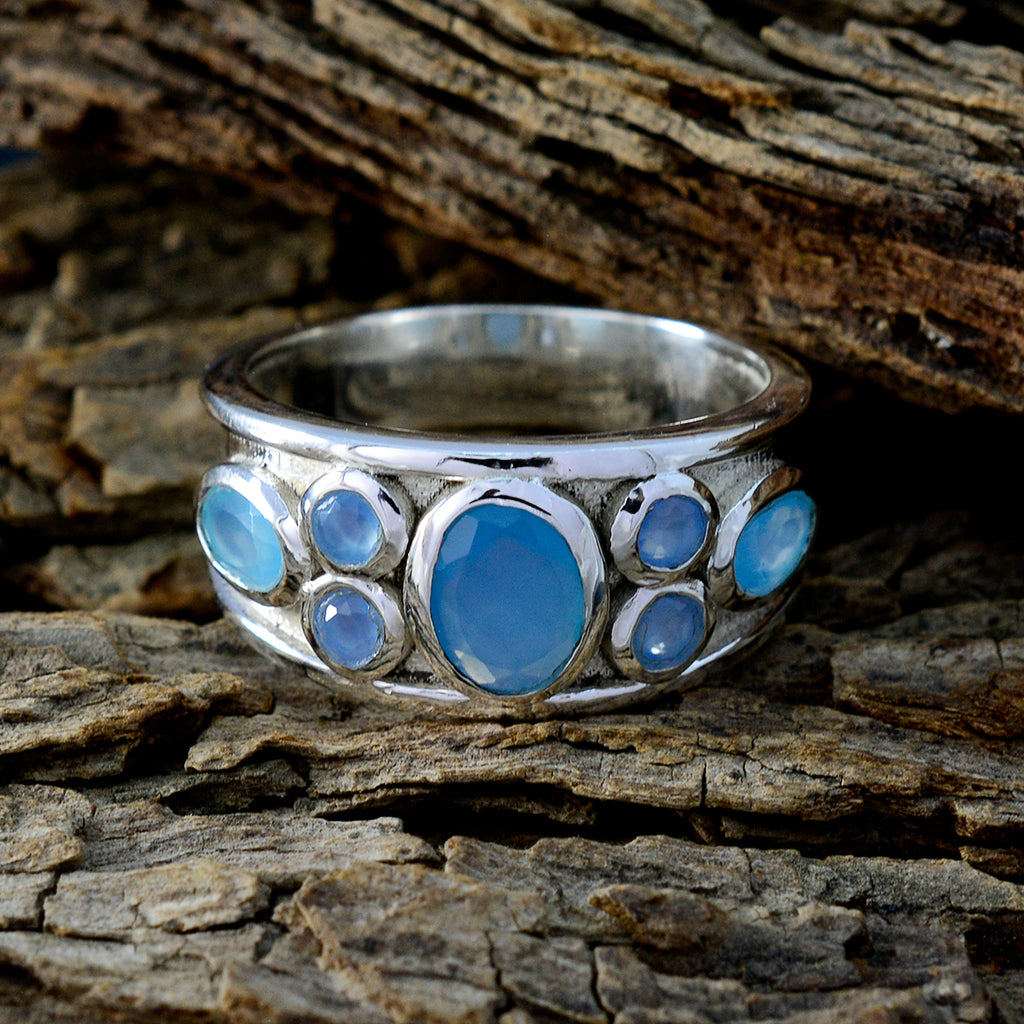 Blue Chalcedony Hepta French Silver Blue Gems Mid weight Trendy Ring Jewelry
