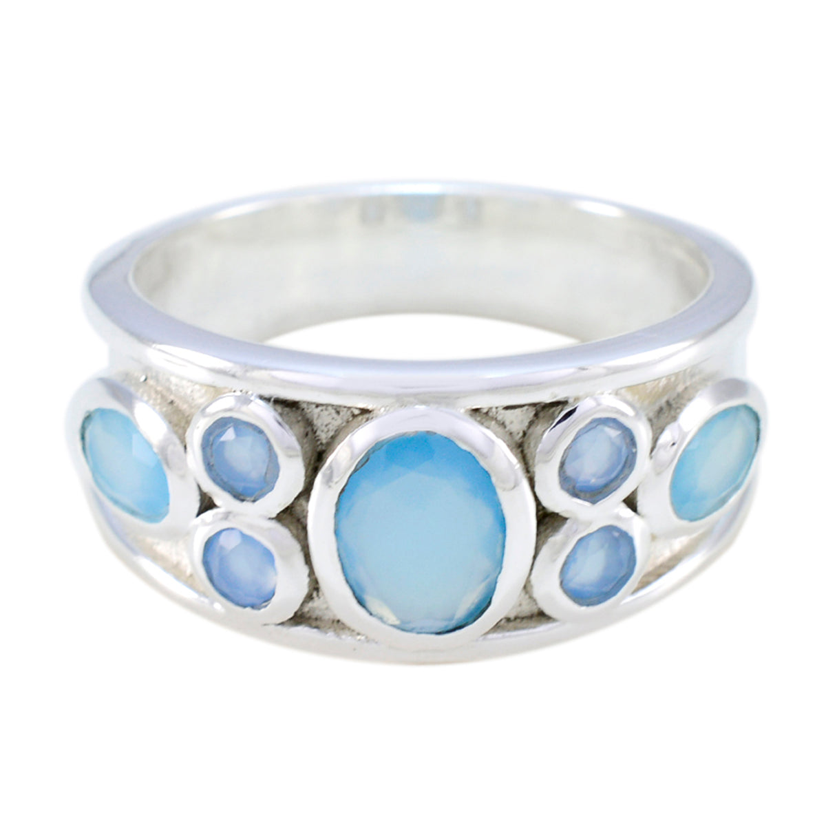 Blue Chalcedony Hepta French Silver Blue Gems Mid weight Trendy Ring Jewelry メイン画像