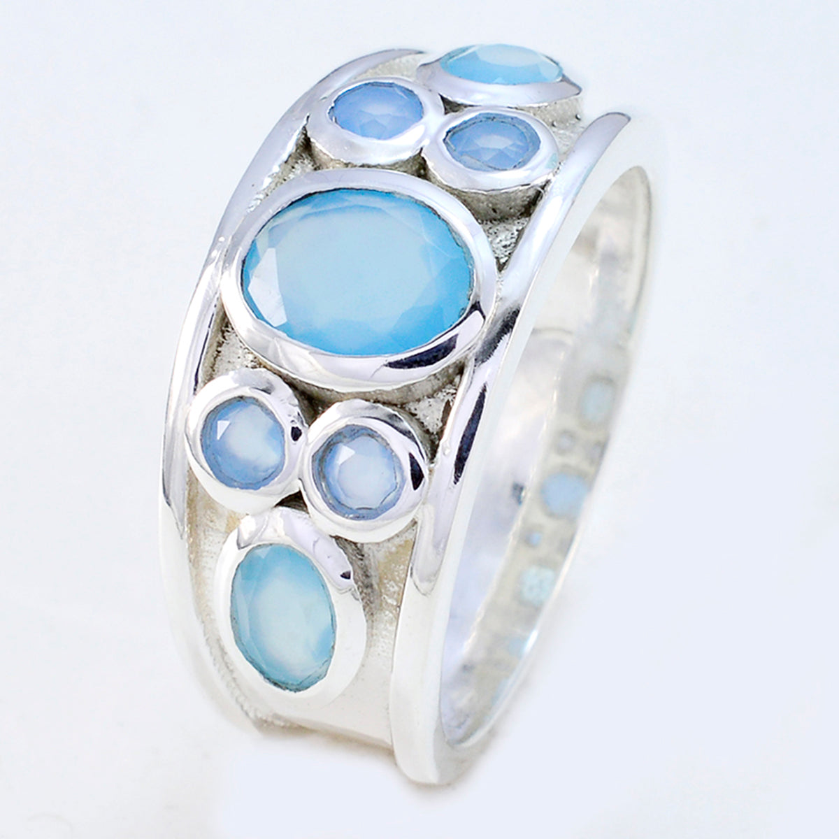 Blue Chalcedony Hepta French Silver Blue Gems Mid weight Trendy Ring Jewelry