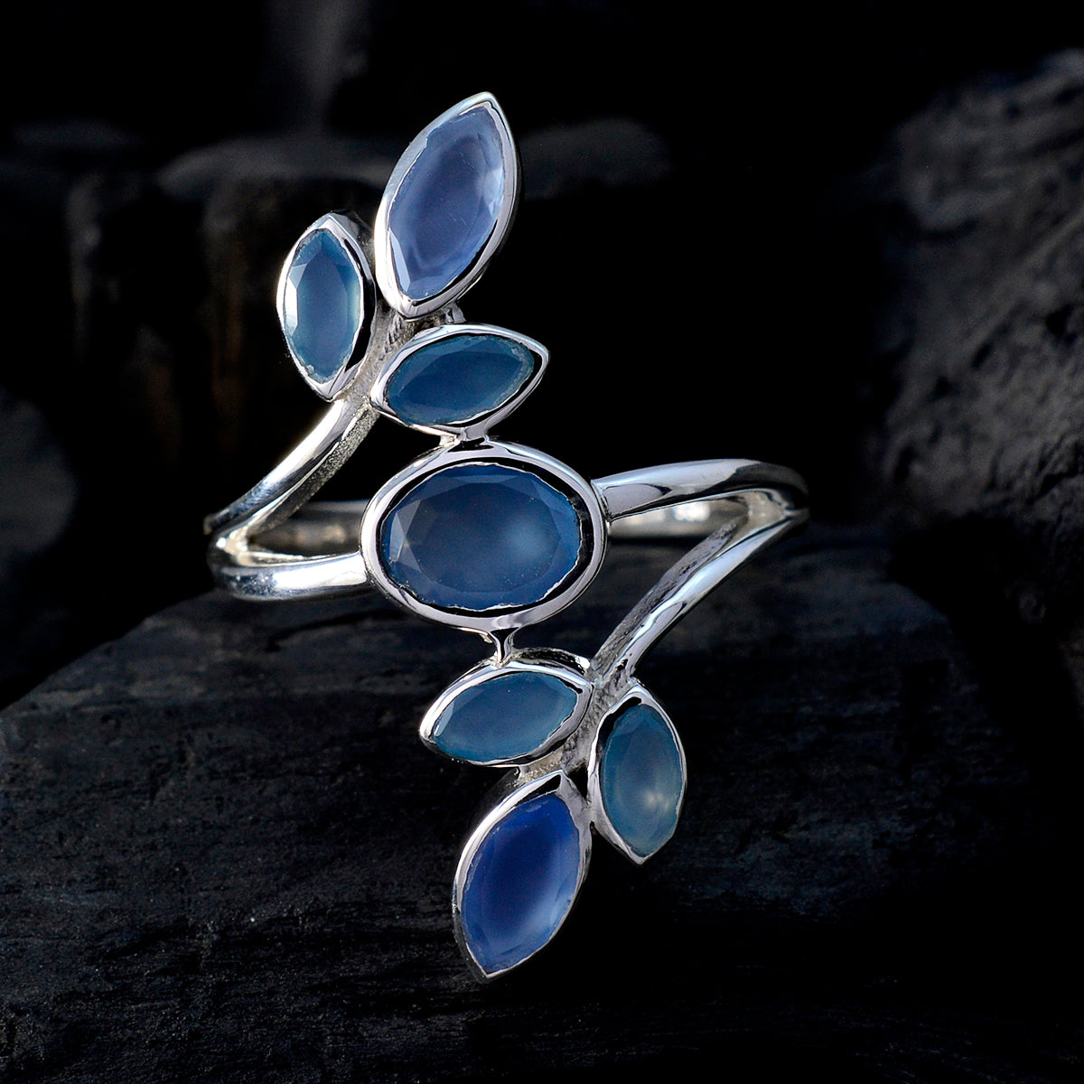 Blue Chalcedony Hepta African 925 Silver Blue Gemstones Classic Leafy Ring Jewelry