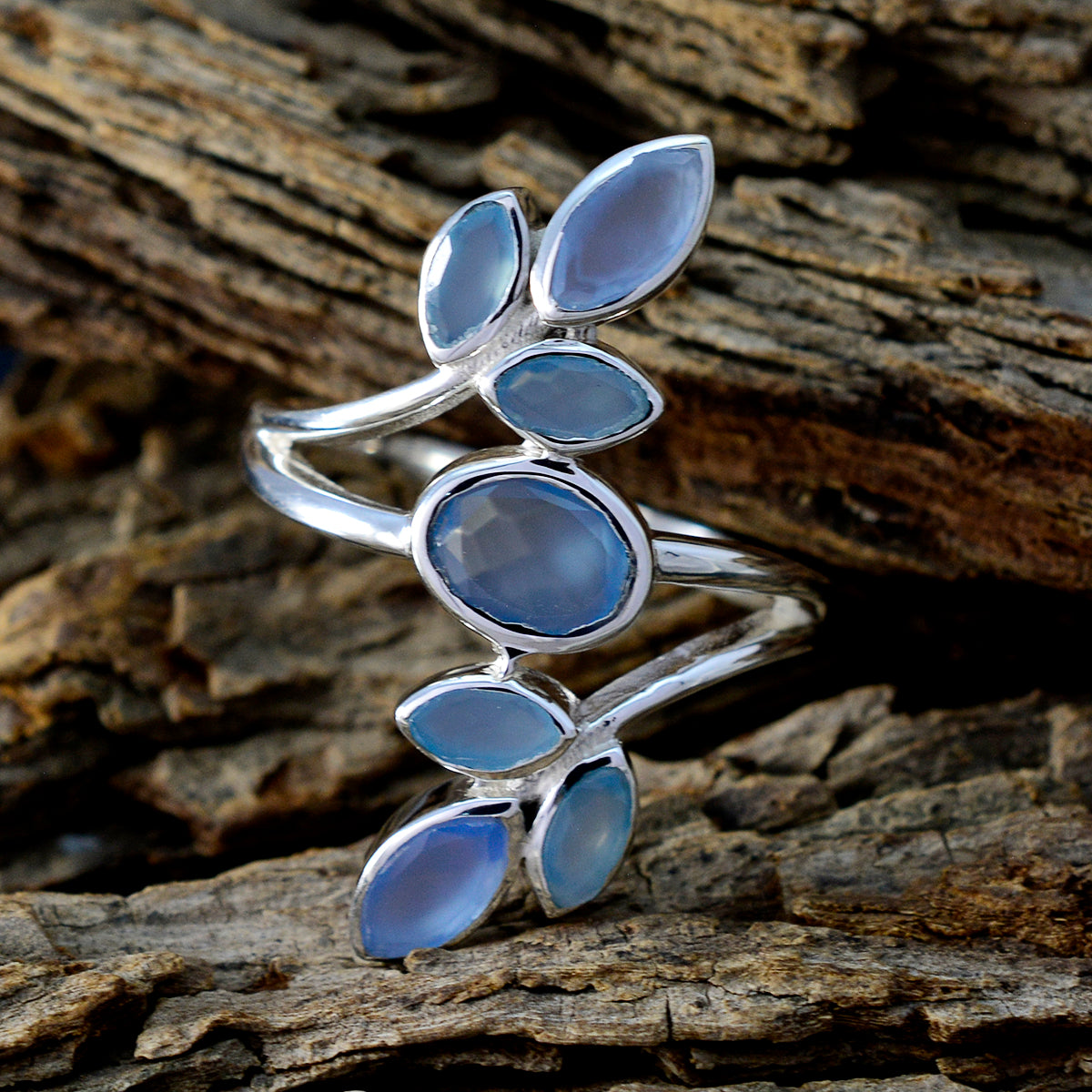 Blue Chalcedony Hepta African 925 Silver Blue Gemstones Classic Leafy Ring Jewelry
