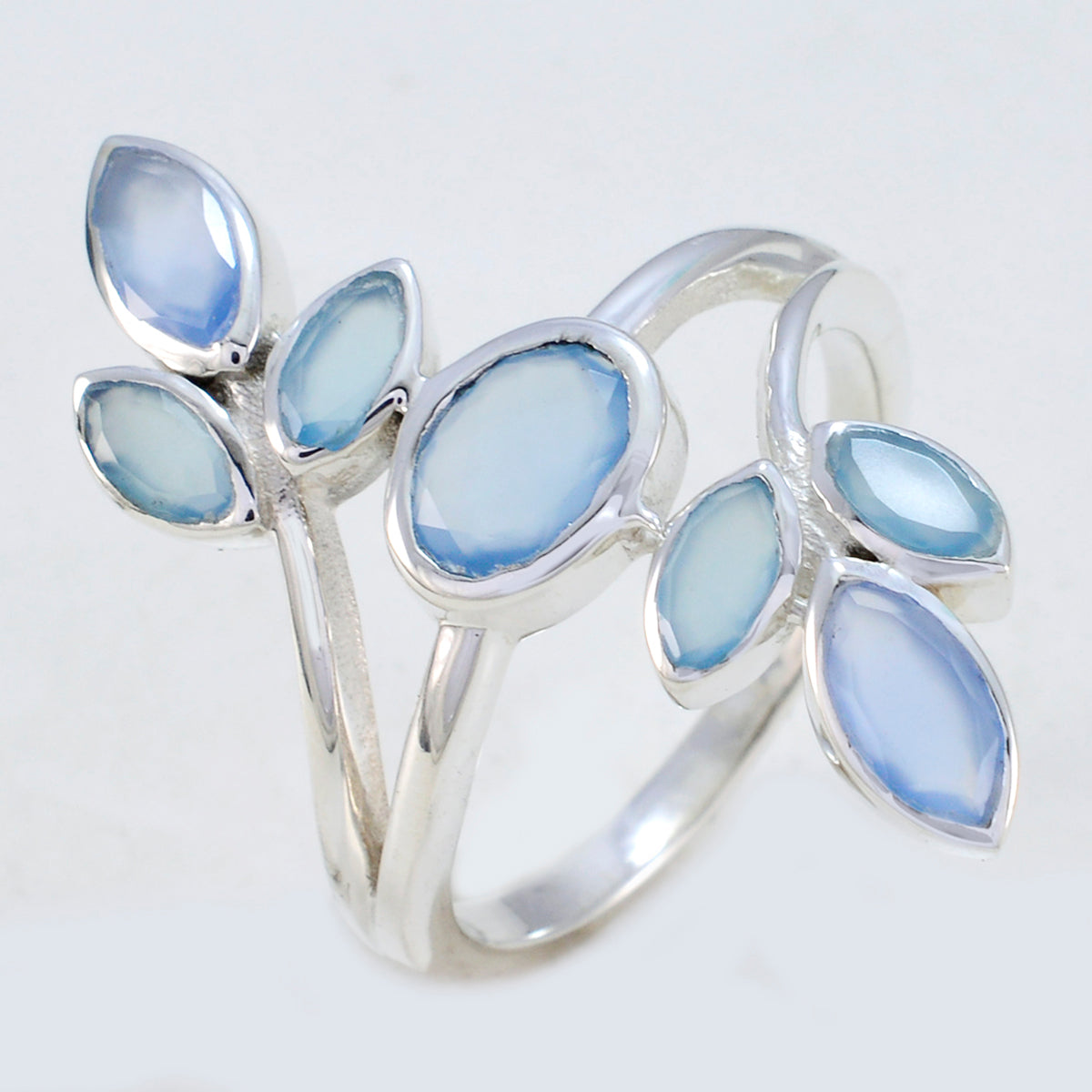 Blue Chalcedony Hepta African 925 Silver Blue Gemstones Classic Leafy Ring Jewelry