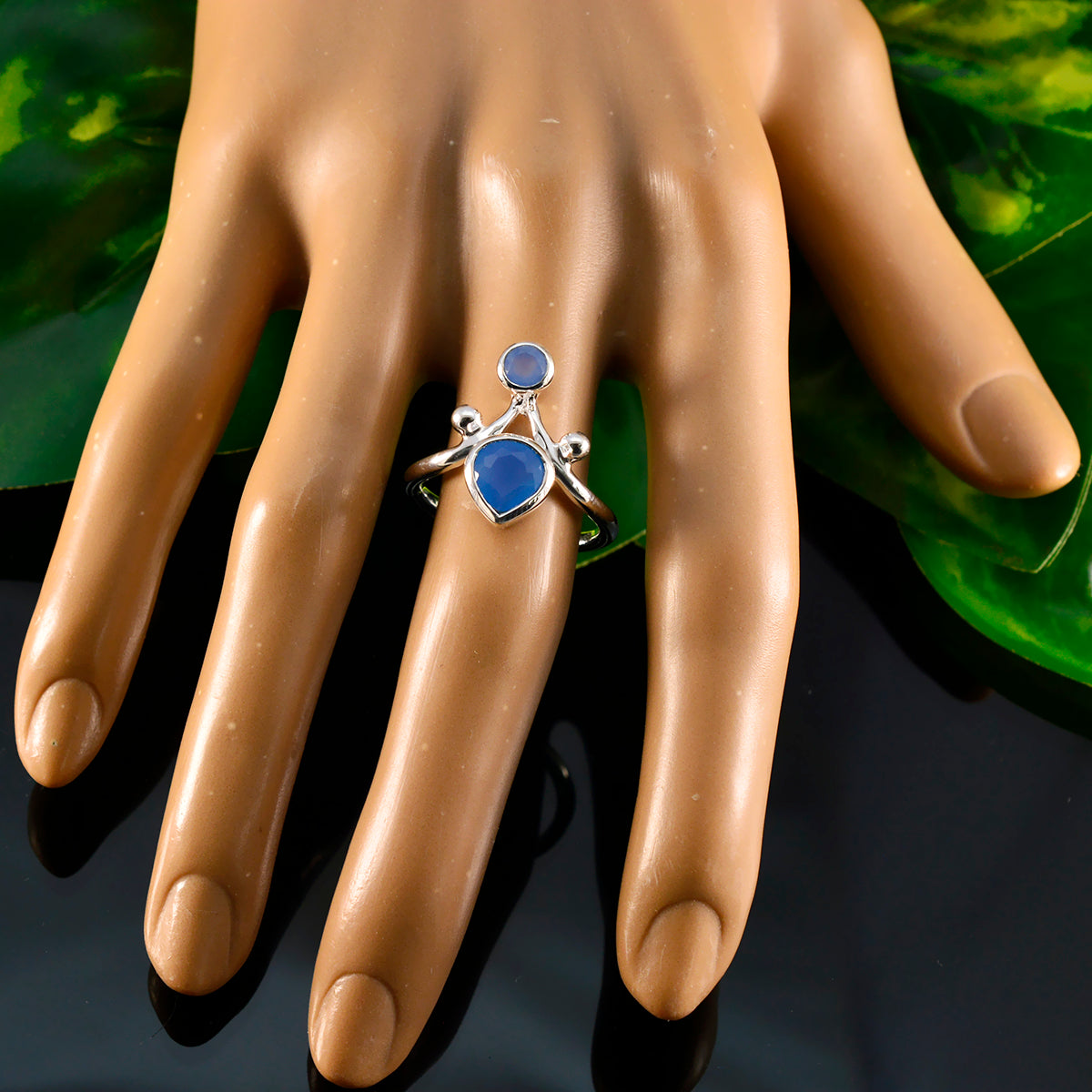 Blue Chalcedony Toi et Moi French Sterling Silver Blue Gems Tiny Cultural Ring Jewellery