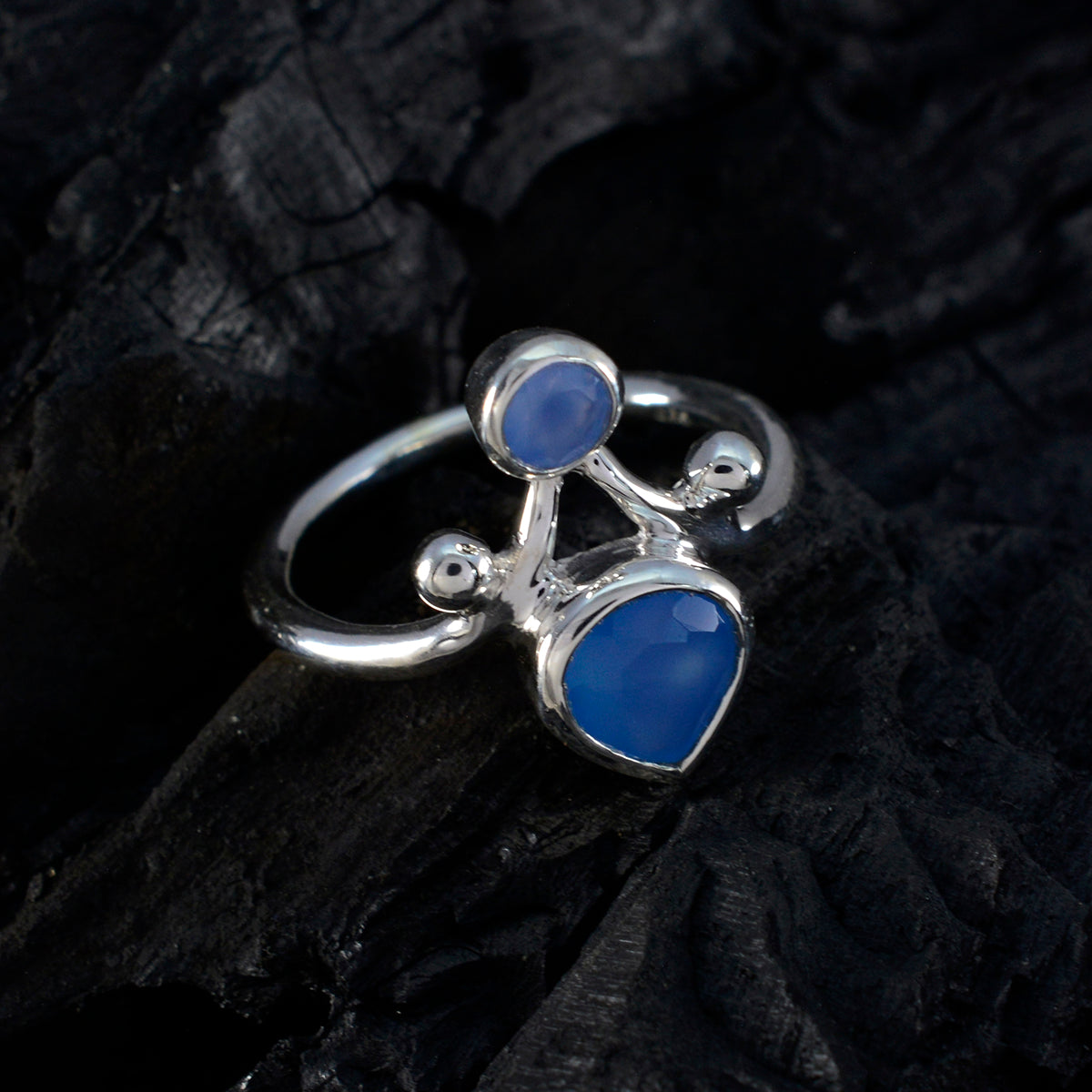 Blue Chalcedony Toi et Moi French Sterling Silver Blue Gems Tiny Cultural Ring Jewellery
