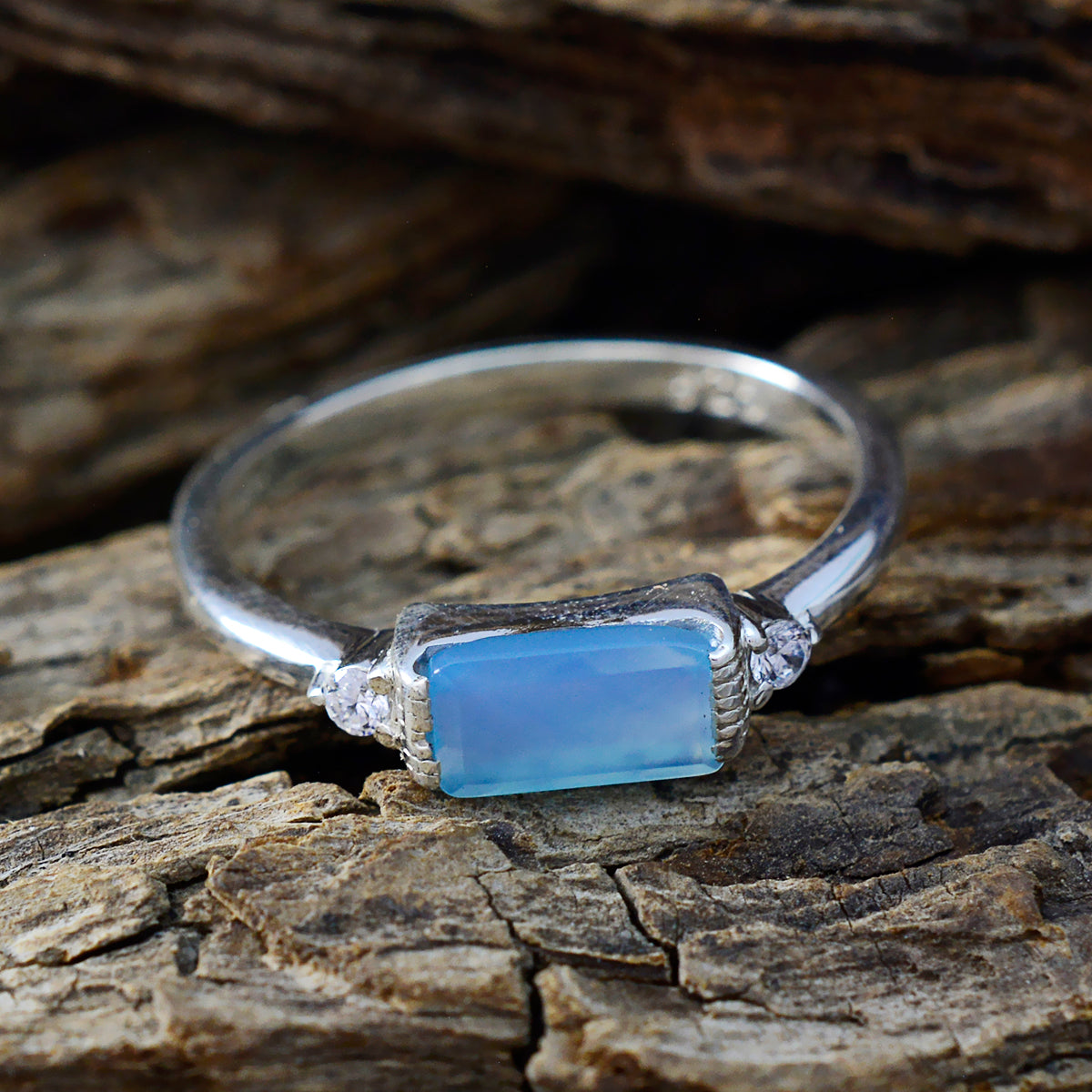 Blue Chalcedony Halo Turkish Sterling Silver Blue Gemstone Delicate Feminine Ring Jewelry