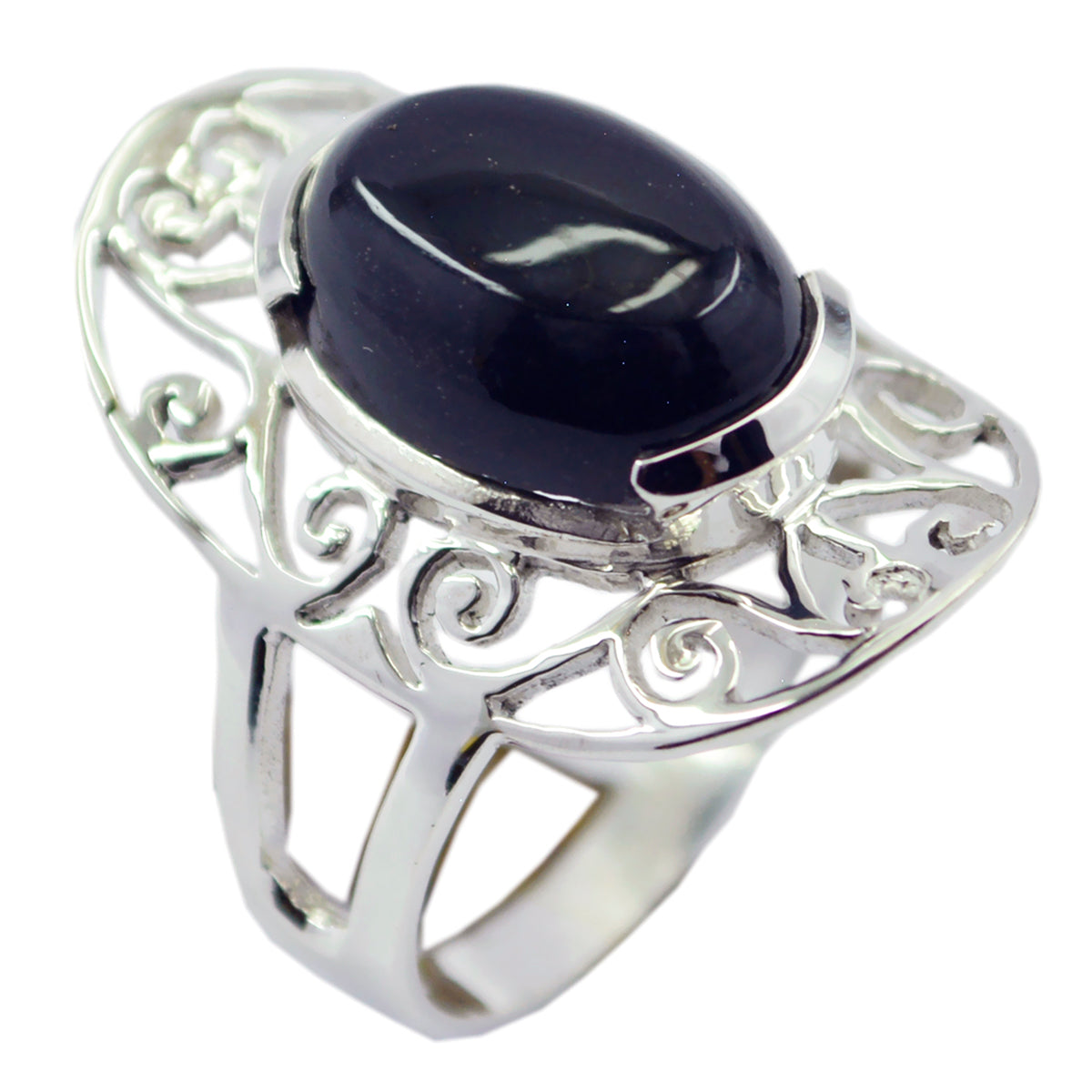 Schwarzer Onyx Solitär Neusilber Schwarze Edelsteine Klassischer Art Deco Ring Schmuck Hauptbild