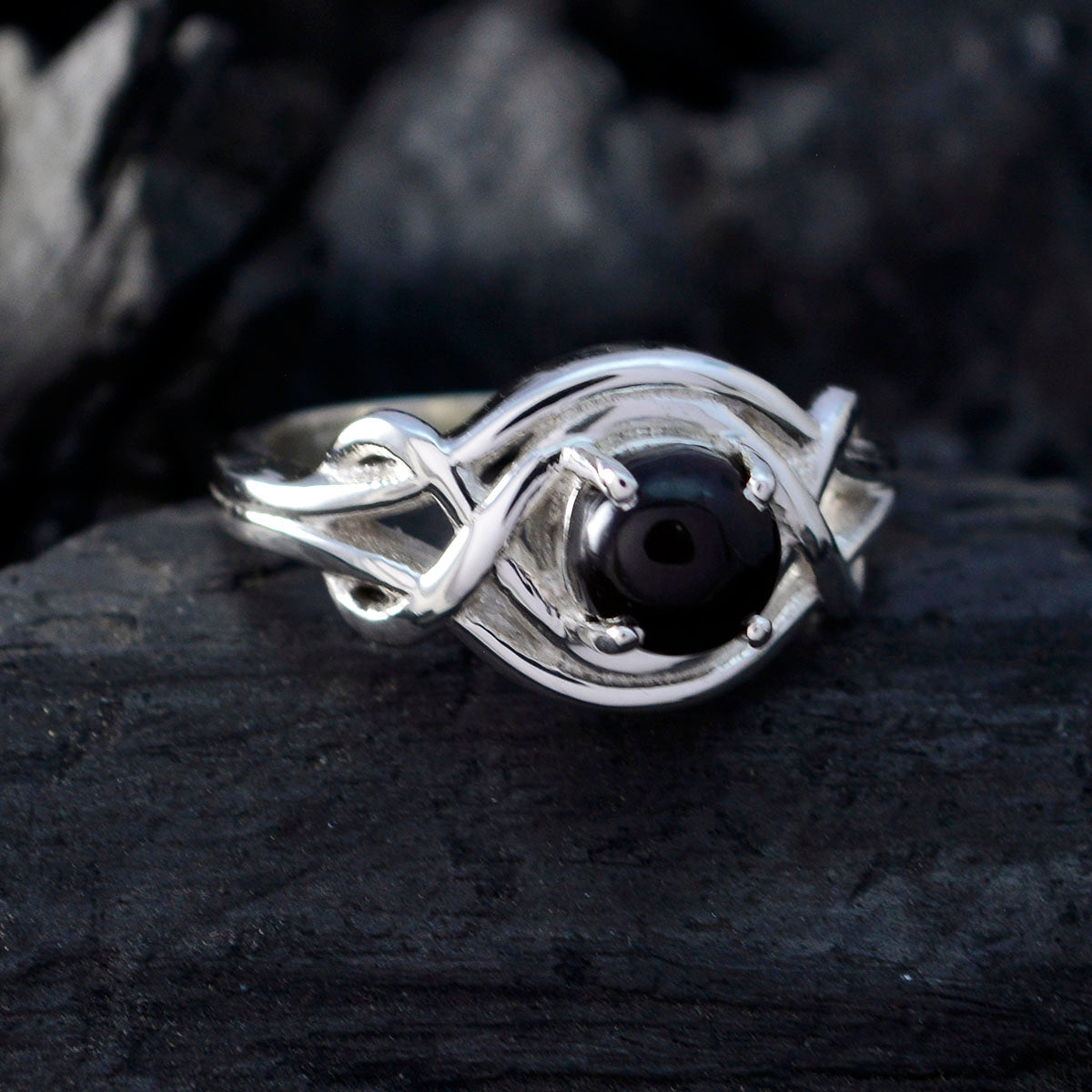 Black Onyx Solitaire Egyptian 925 Silver Black Gemstone Slim Abstract Ring Jewelry