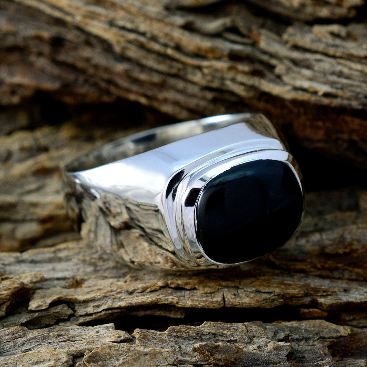 Black Onyx Solitaire German 925 Sterling Silver Black Gemstones Eye catching Abstract Ring Jewelry