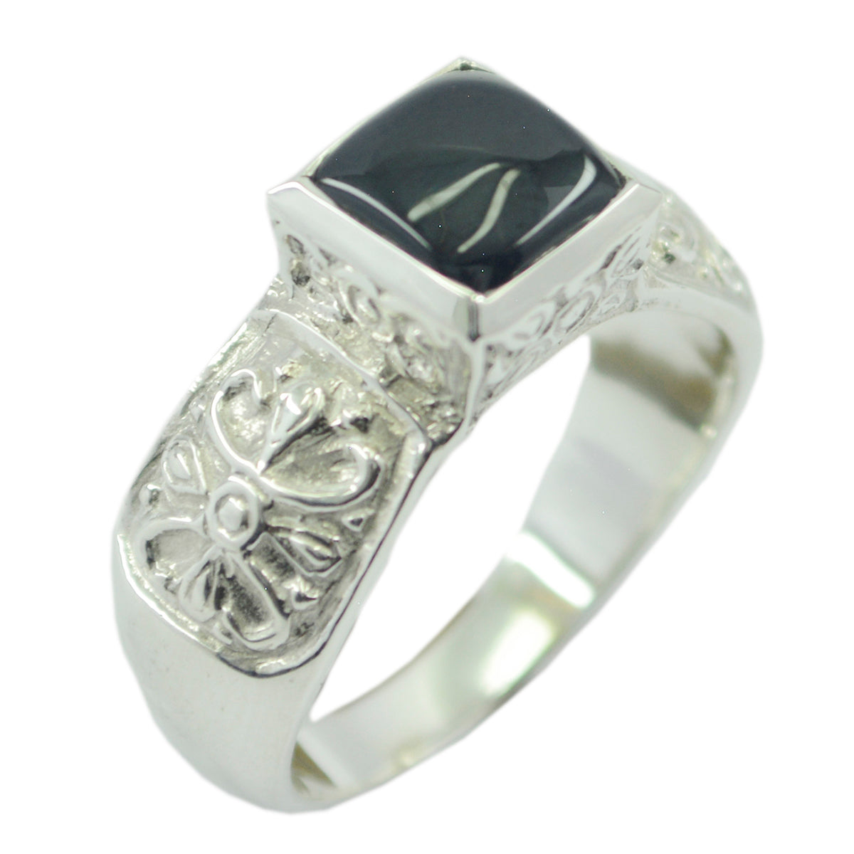 Black Onyx Solitaire French 92.5 Silver Black Gemstone Eye catching Art Deco Ring Jewellery