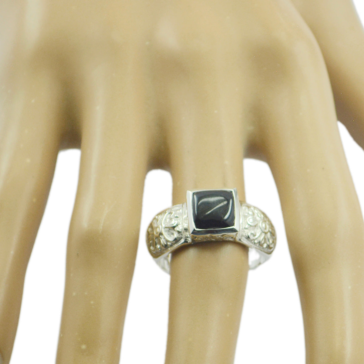 Bague Art déco accrocheuse en argent 92,5 avec solitaire en onyx noir et pierre précieuse noire Image secondaire du produit