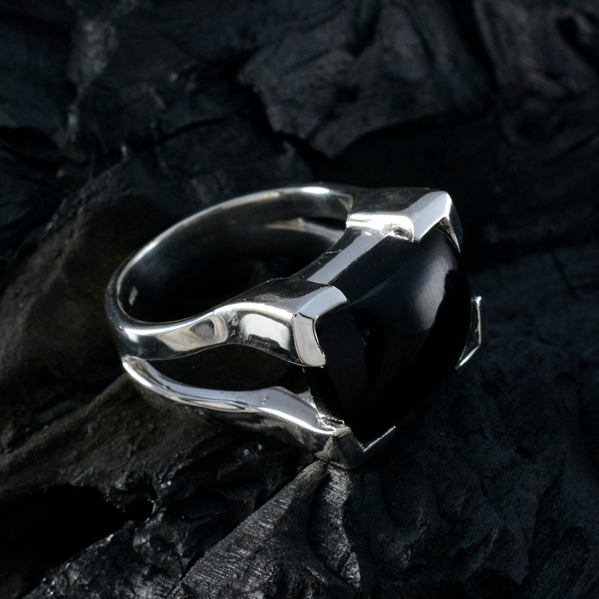 Black Onyx Solitaire Italian Sterling Silver Black Gemstone Chunky Vintage Ring Jewellery