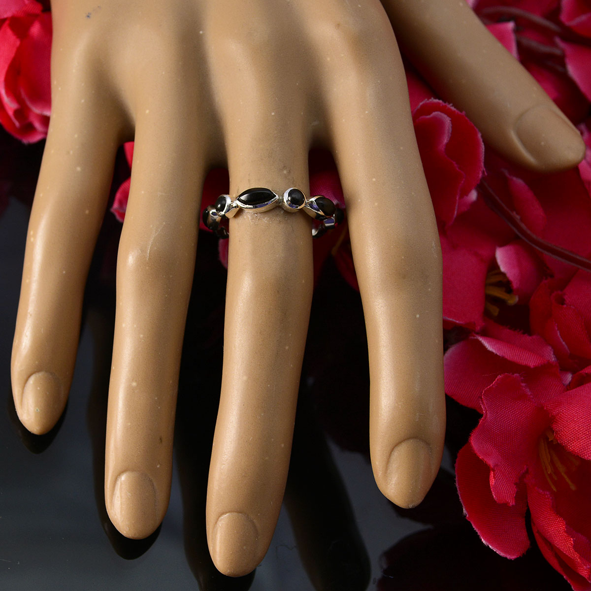 Black Onyx multiple Korean Silver Black Gemstones Dainty Eternity Band Jewelry