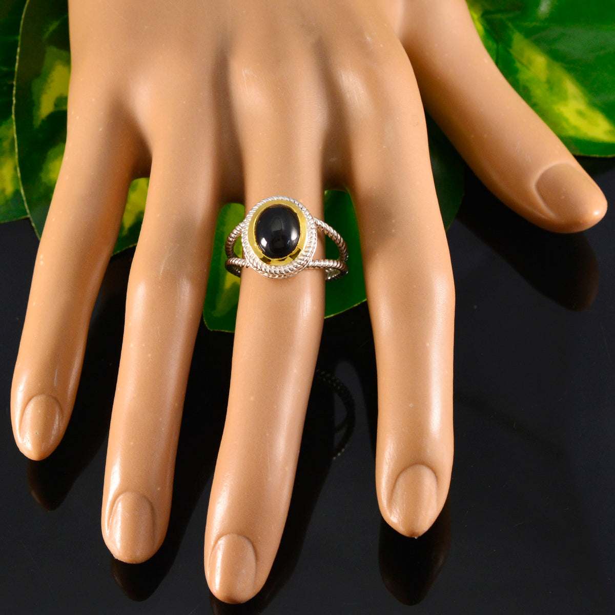 Black Onyx Solitaire Italian 925 Sterling Silver Black Gemstones Classic Rope Wire Ring Jewellery
