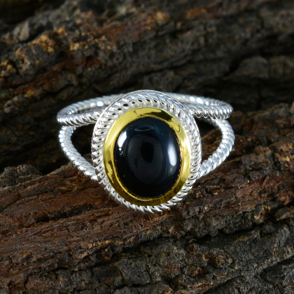 Black Onyx Solitaire Italian 925 Sterling Silver Black Gemstones Classic Rope Wire Ring Jewellery