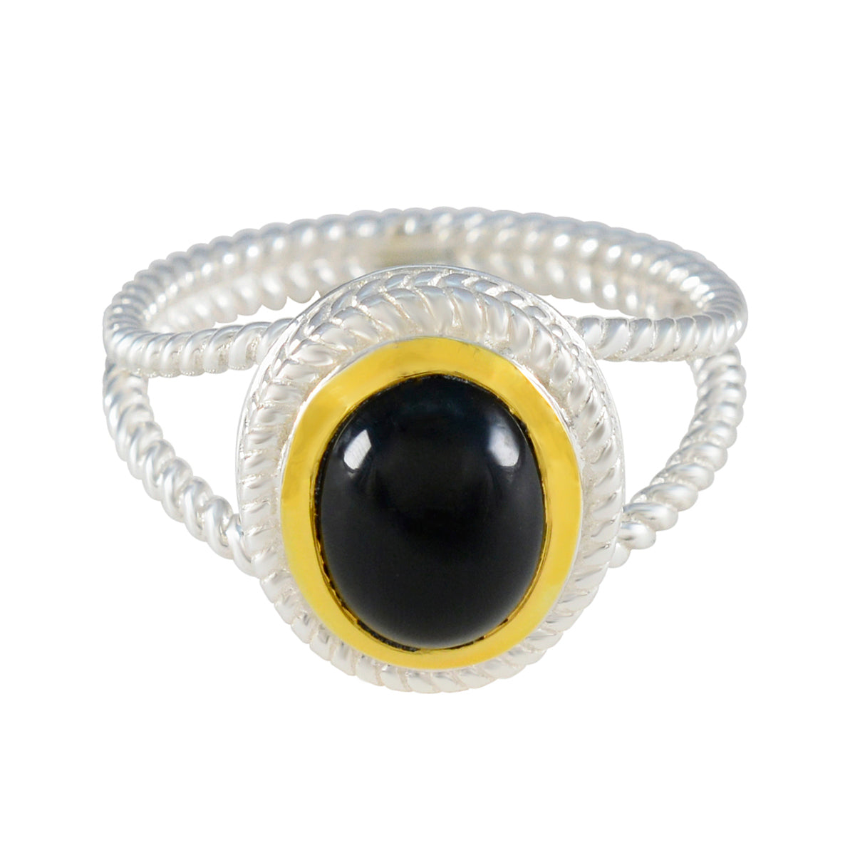 Black Onyx Solitaire Italian 925 Sterling Silver Black Gemstones Classic Rope Wire Ring Jewellery