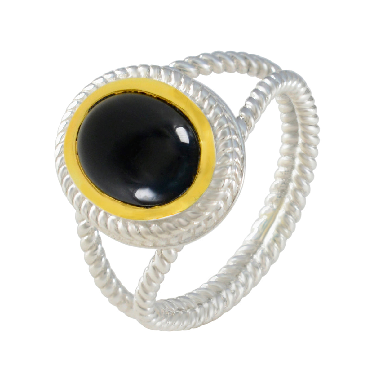 Black Onyx Solitaire Italian 925 Sterling Silver Black Gemstones Classic Rope Wire Ring Jewellery