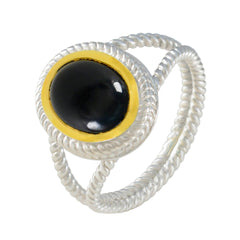 Black Onyx Solitaire Italian 925 Sterling Silver Black Gemstones Classic Rope Wire Ring Jewellery