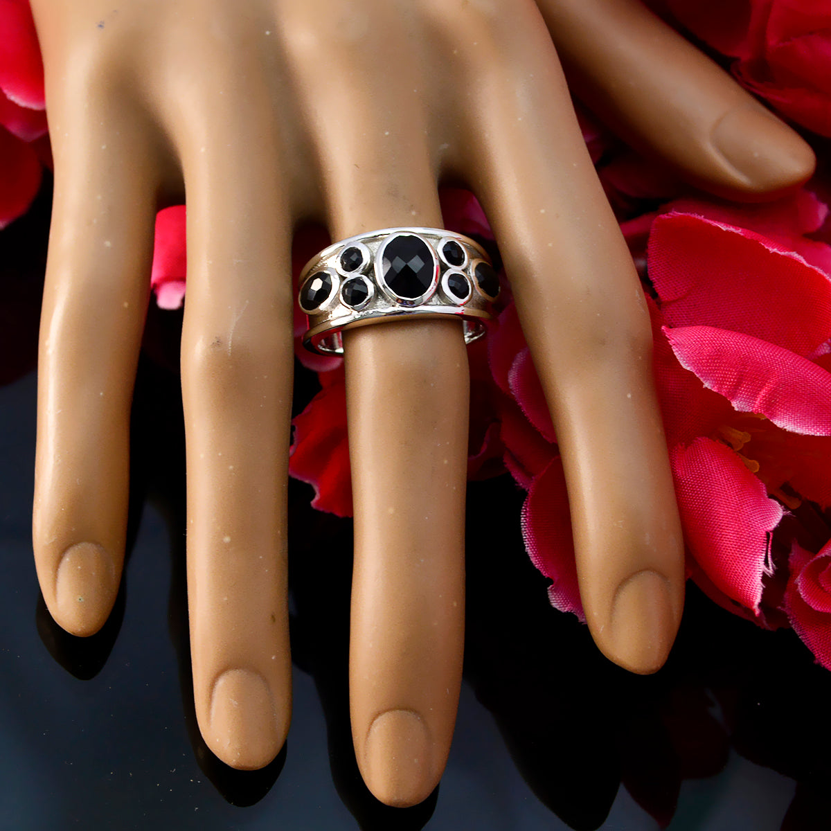 Black Onyx Hepta German Sterling Silver Black Gemstone Mid weight Boho Ring Jewellery