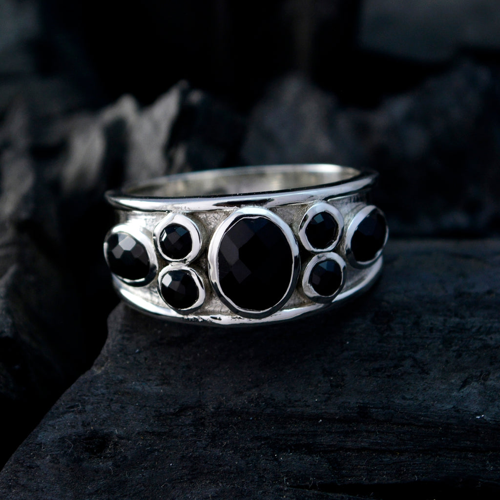 Black Onyx Hepta German Sterling Silver Black Gemstone Mid weight Boho Ring Jewellery