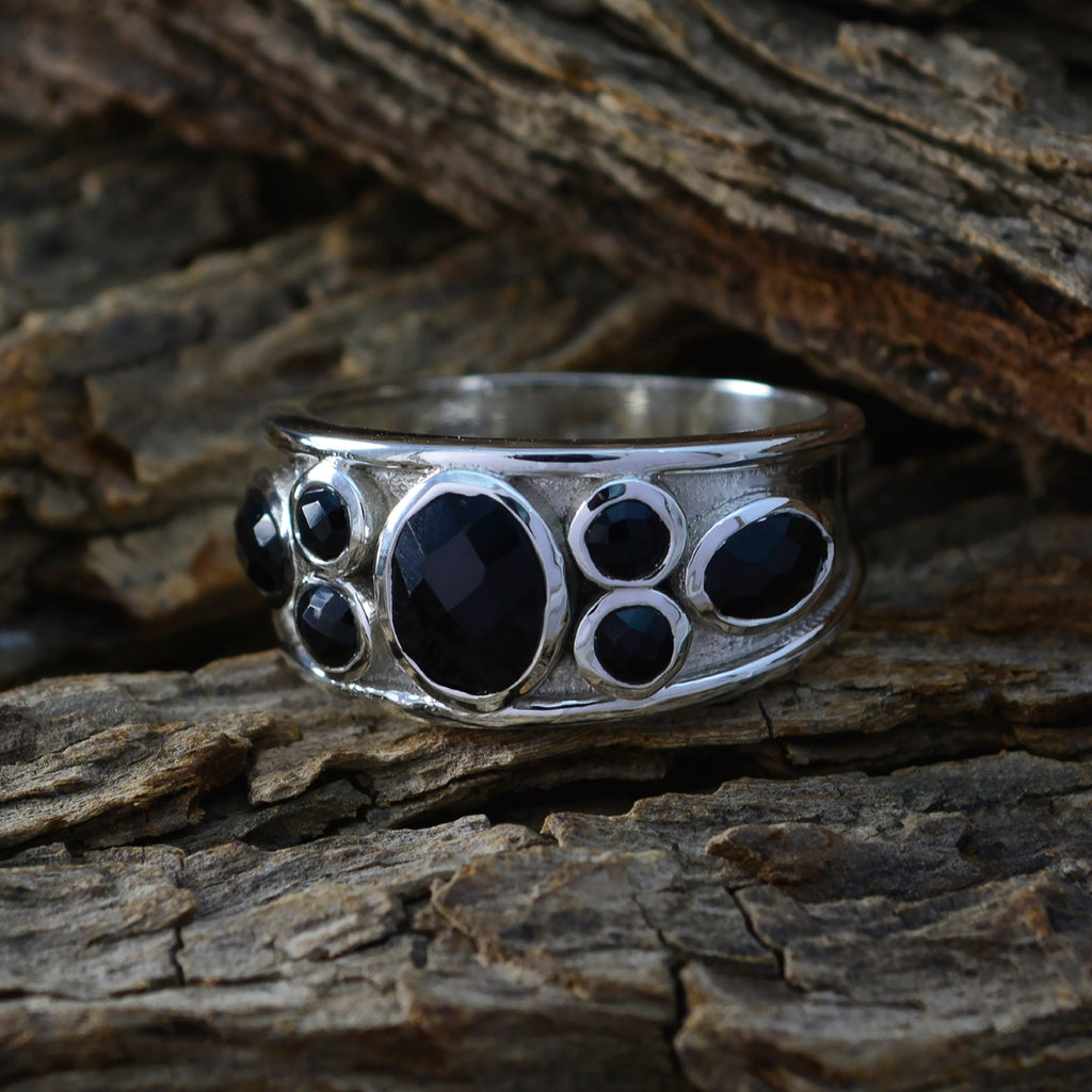 Black Onyx Hepta German Sterling Silver Black Gemstone Mid weight Boho Ring Jewellery
