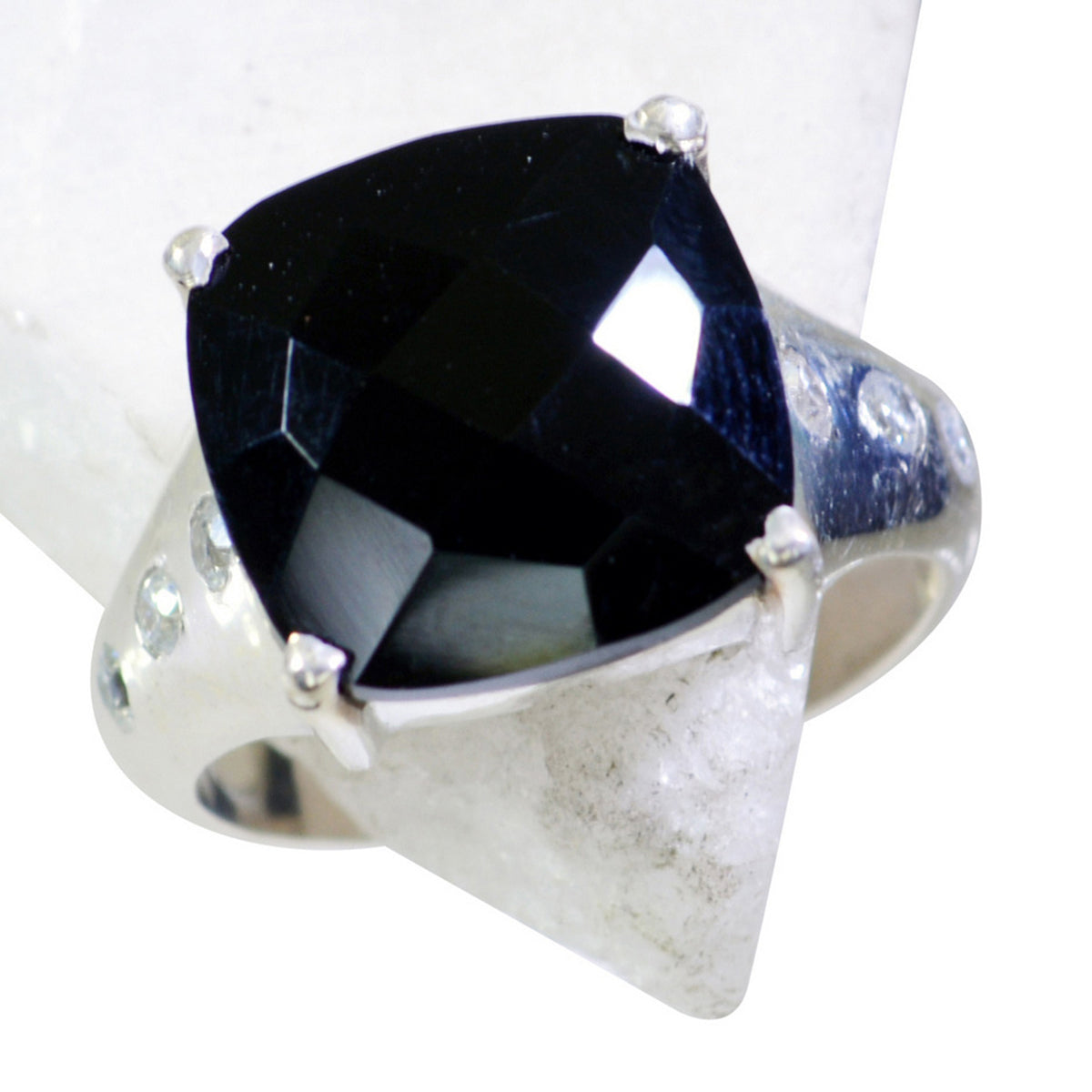Black Onyx Halo Russian 925 Silver Black Gemstones Eye catching Contemporary Ring Jewellery