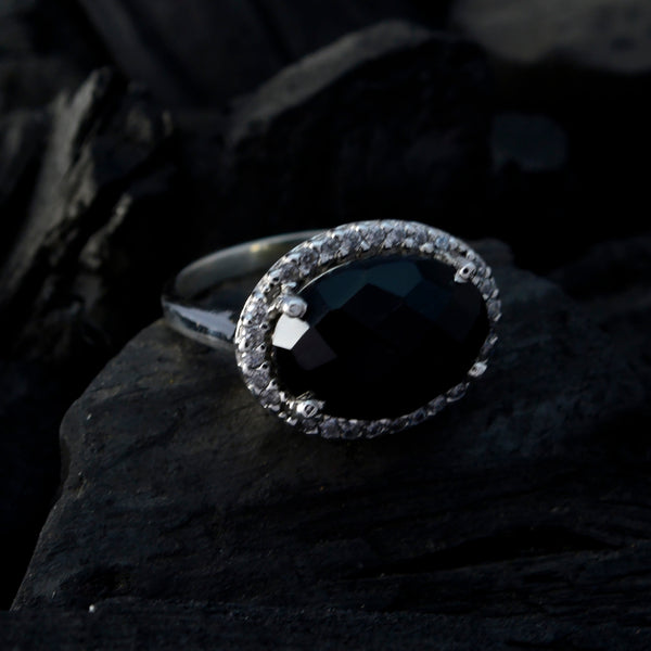 Black Onyx Halo German 925 Sterling Silver Black Gems Versatile Modern Ring Jewellery
