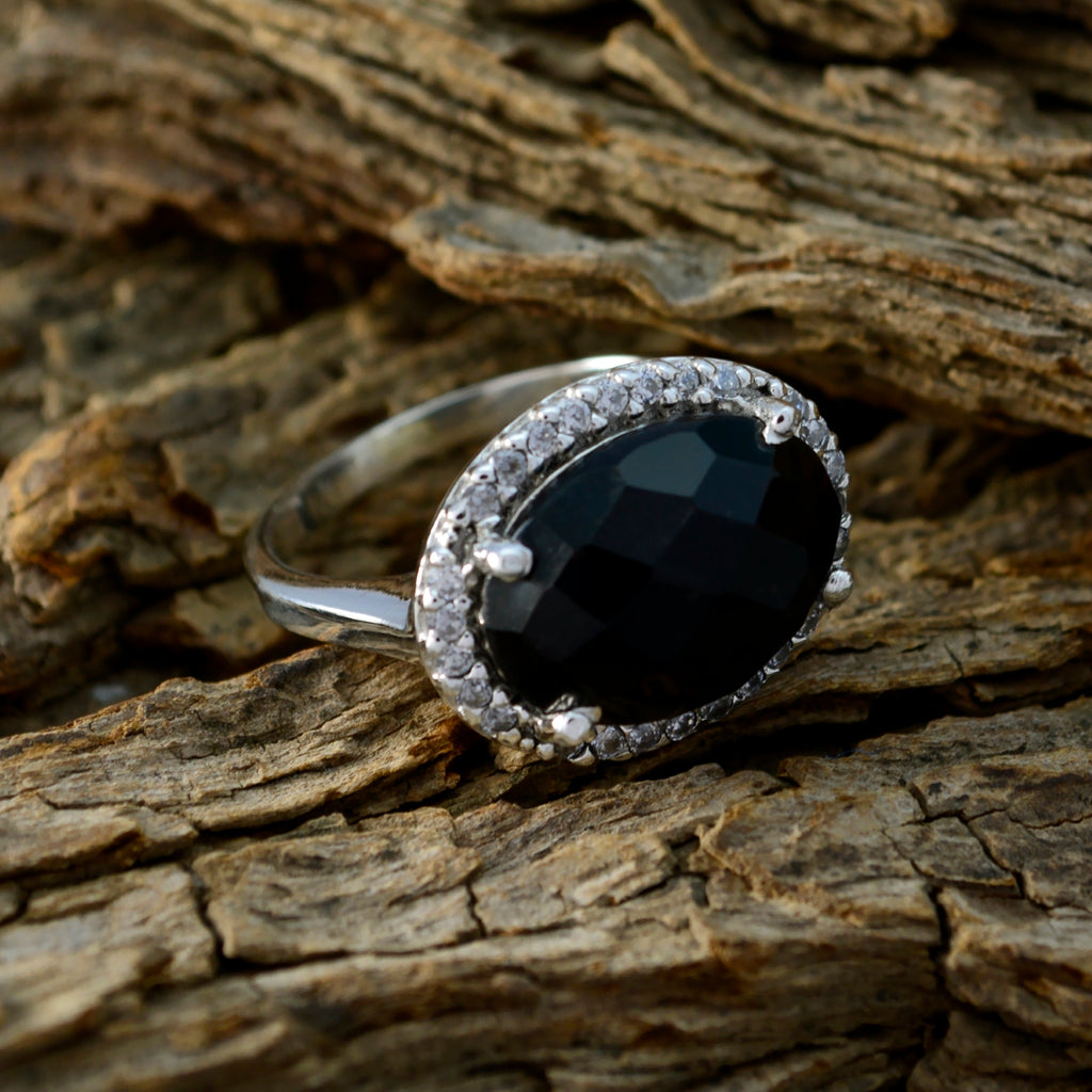 Black Onyx Halo German 925 Sterling Silver Black Gems Versatile Modern Ring Jewellery