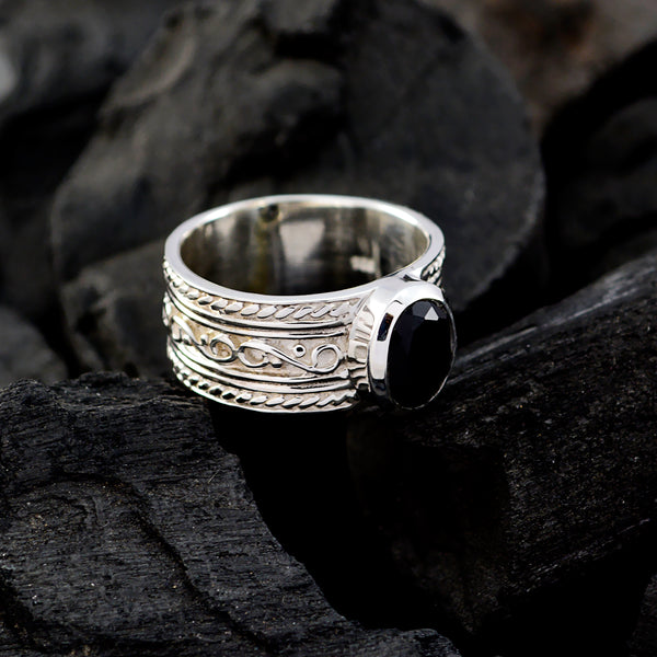 Black Onyx Solitaire Egyptian 925 Silver Black Gemstone Mid weight Art Deco Ring Jewelry
