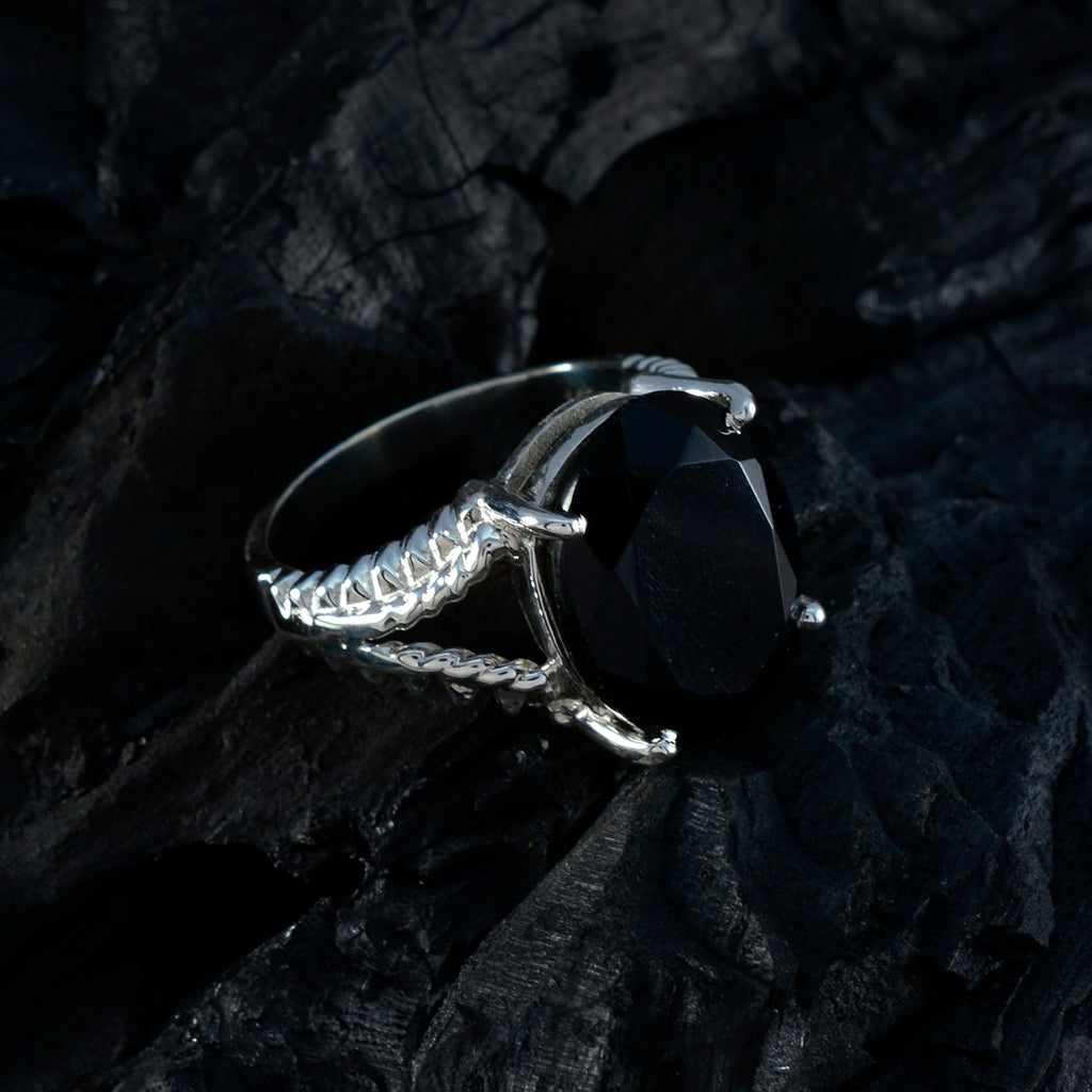 Black Onyx Solitaire French Sterling Silver Black Gemstone Mid weight Graceful Ring Jewellery
