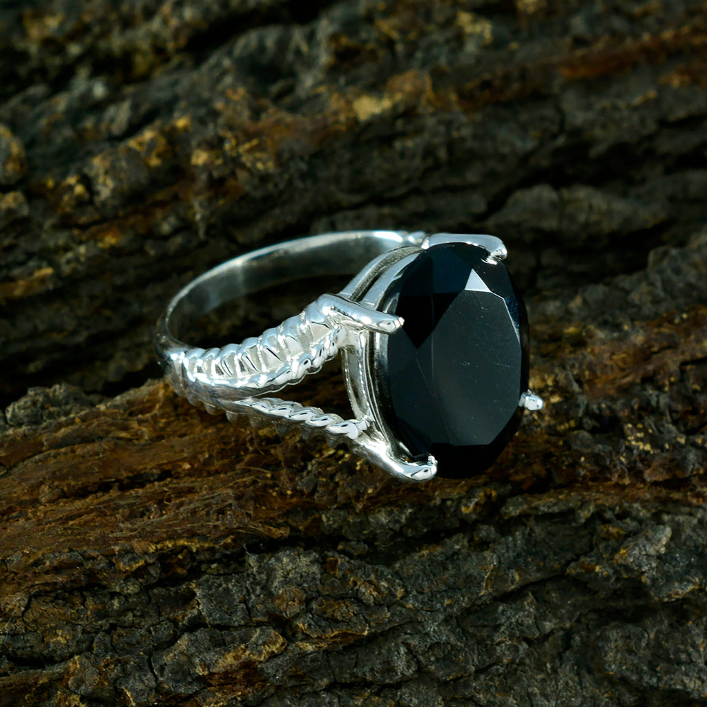 Black Onyx Solitaire French Sterling Silver Black Gemstone Mid weight Graceful Ring Jewellery