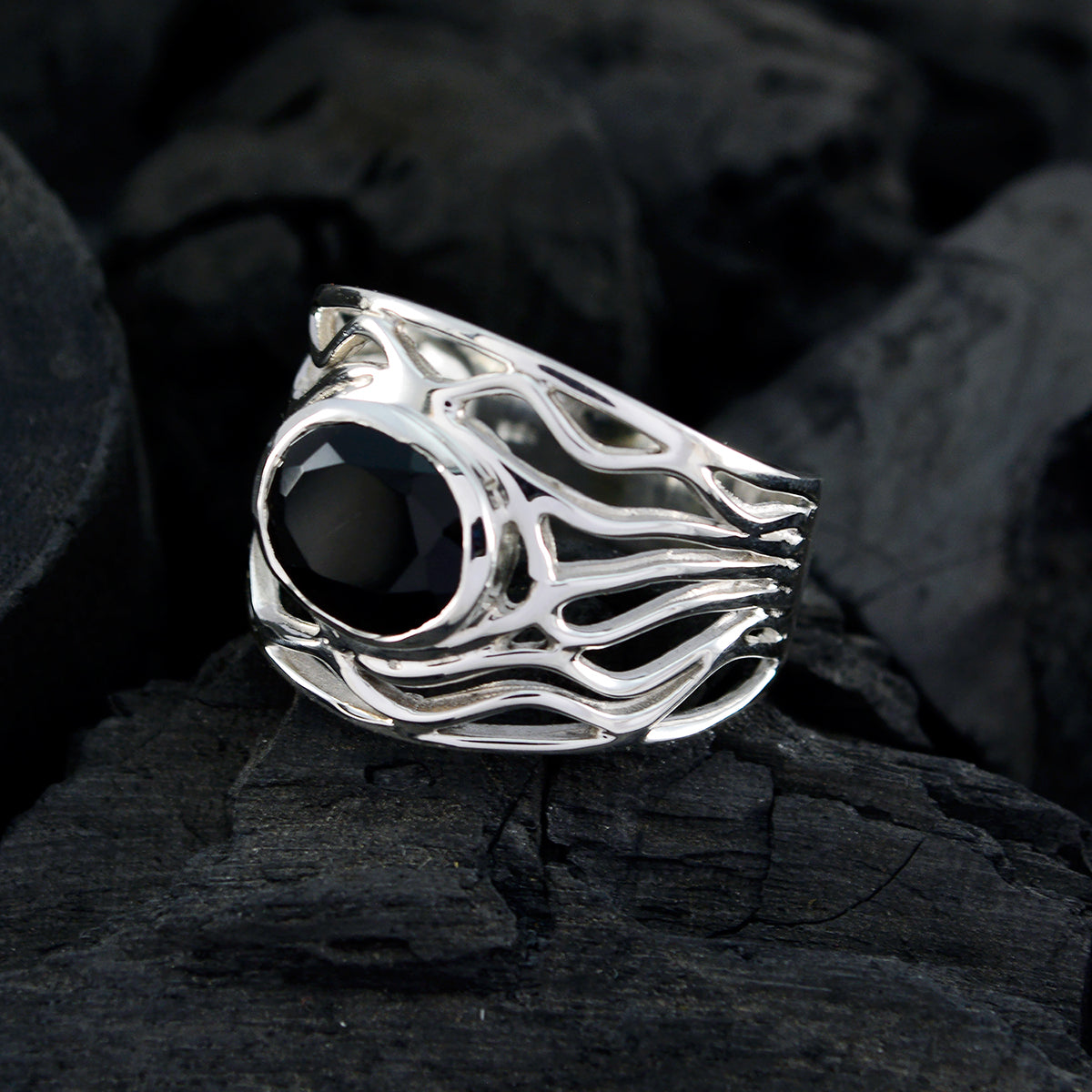 Black Onyx Solitaire Middle Eastern Sterling Silver Black Gemstones Minimal Rope Wire Ring Jewellery