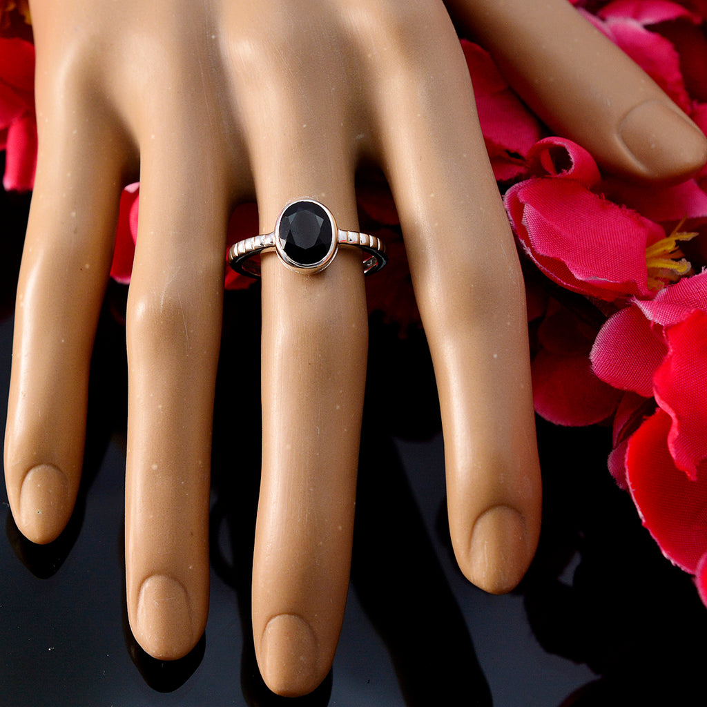 Black Onyx Solitaire Korean 925 Sterling Silver Black Gems Dainty Abstract Ring Jewellery